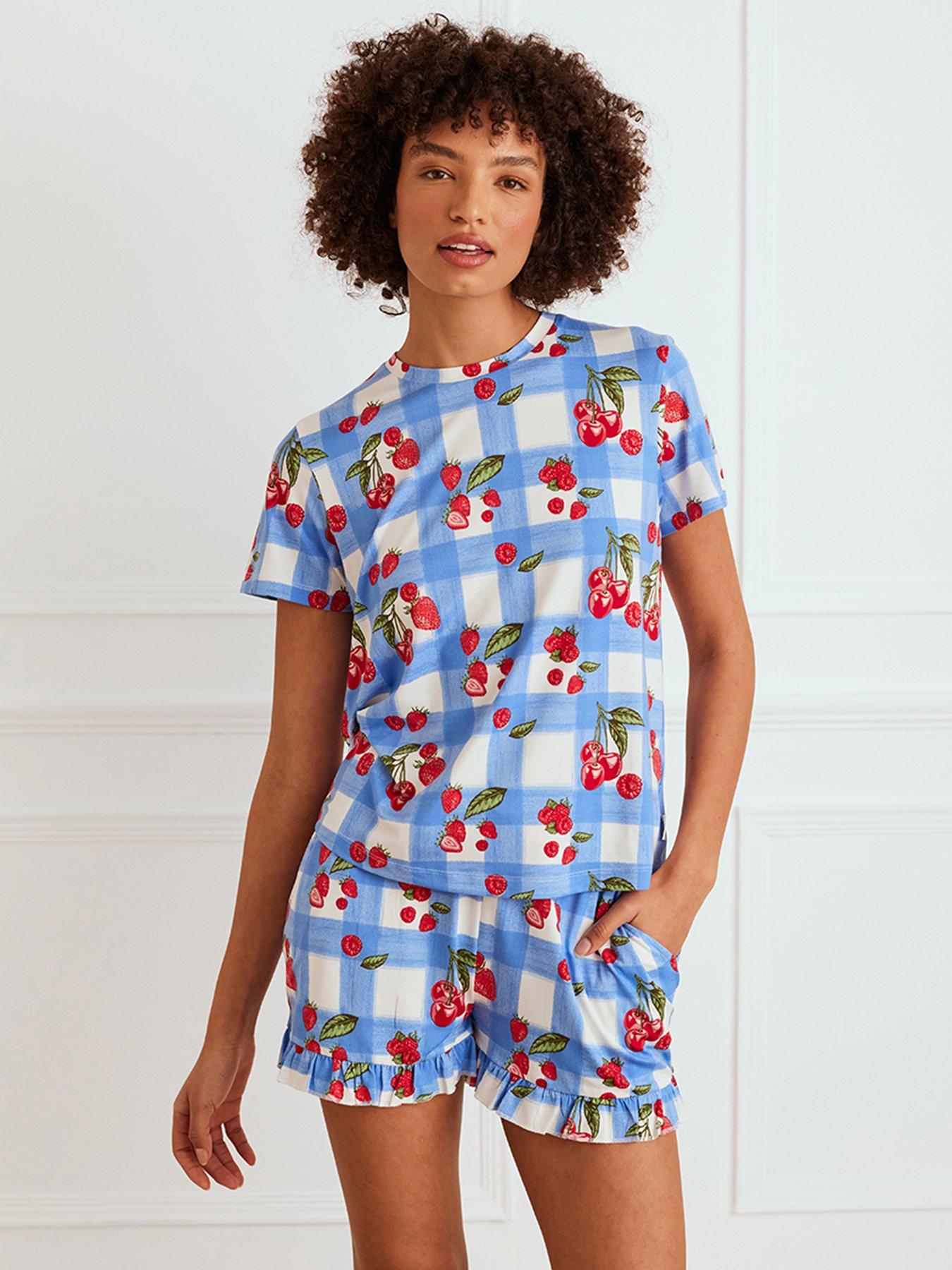 undefined Cherry Crew Neck Short Pyjama Set - Blue Gingham