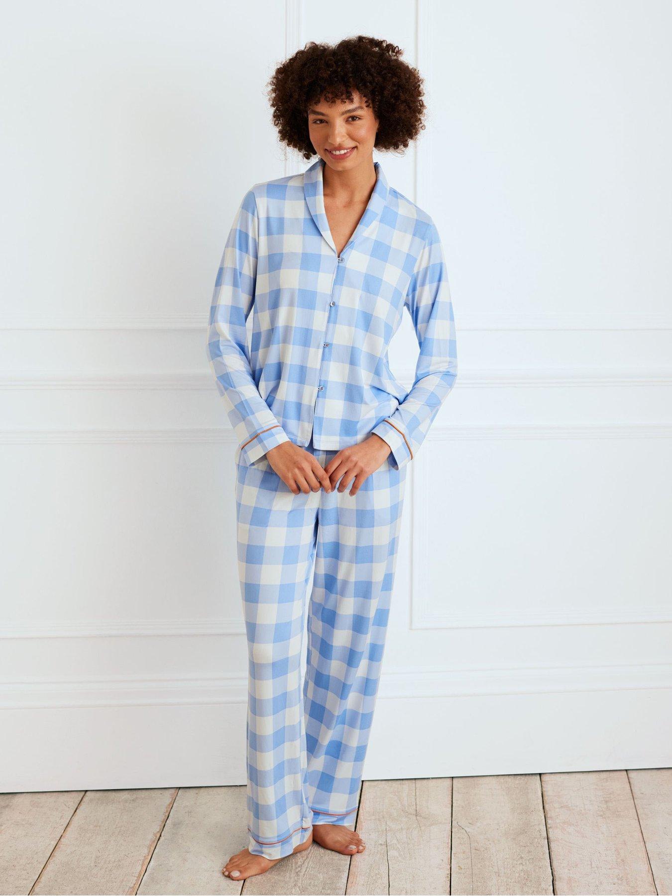 undefined Long Button Up Pyjama Set - Blue Gingham