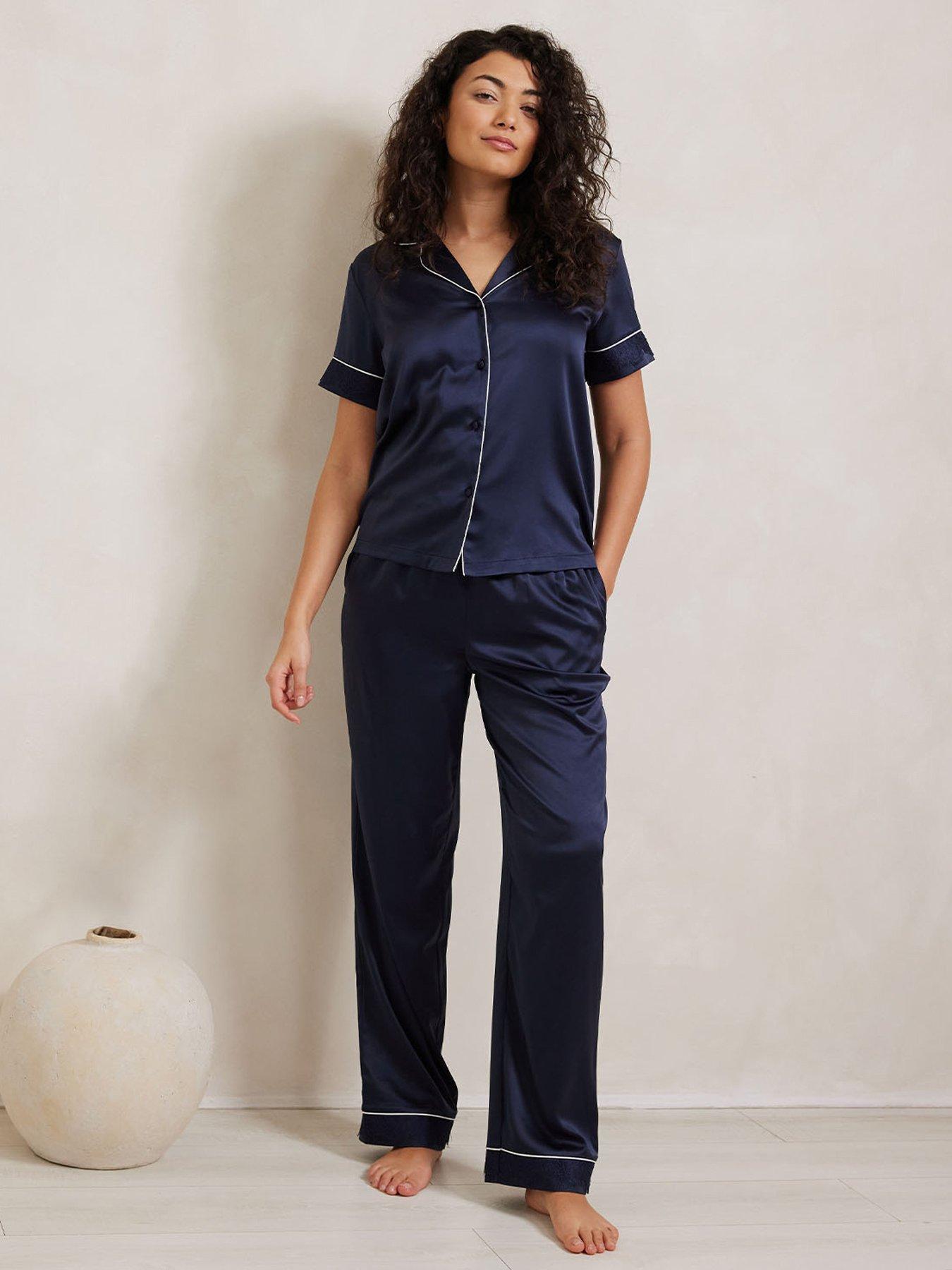 undefined Satin Lace Trim Short Sleeve Long Pyjama Set - Navy