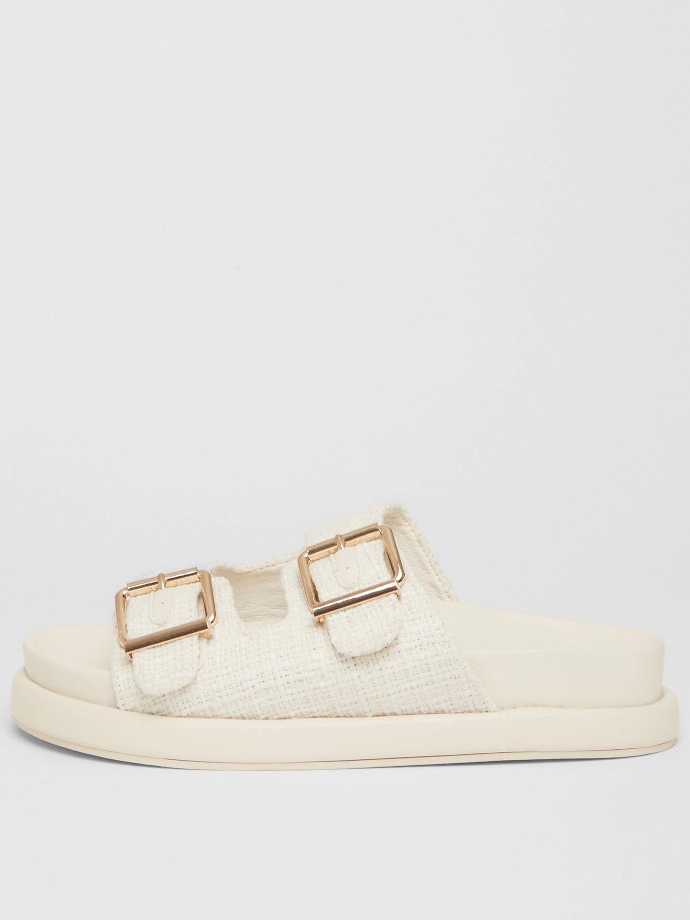 undefined White Double Buckle Flat Sandals
