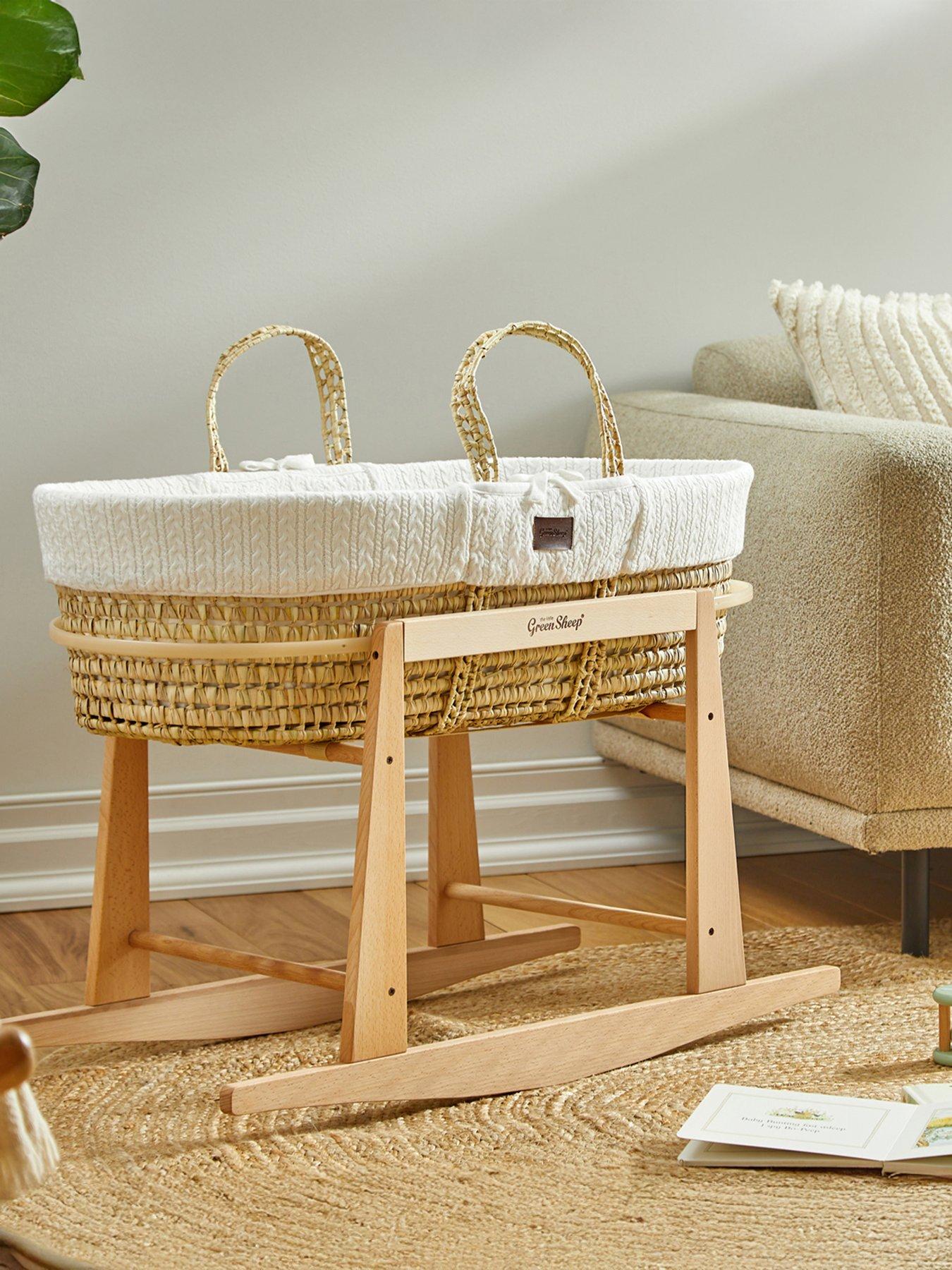 The Little Green Sheep Natural Knitted Moses Basket  &  Rocking Natural Stand - White