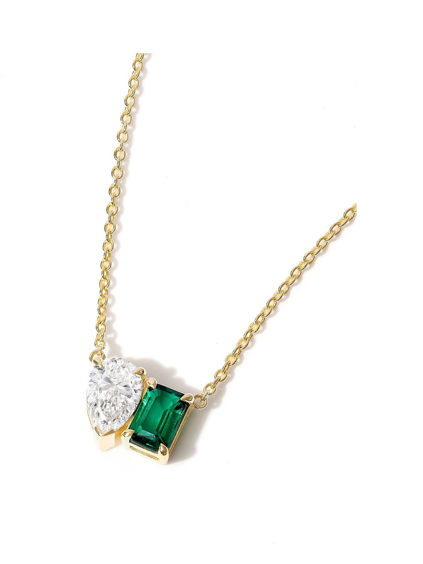 Created Brilliance Elise 9ct Yellow Gold 0.75ct Lab Grown Diamond and Created Emerald Toi et Moi Necklace 18+2 Inches