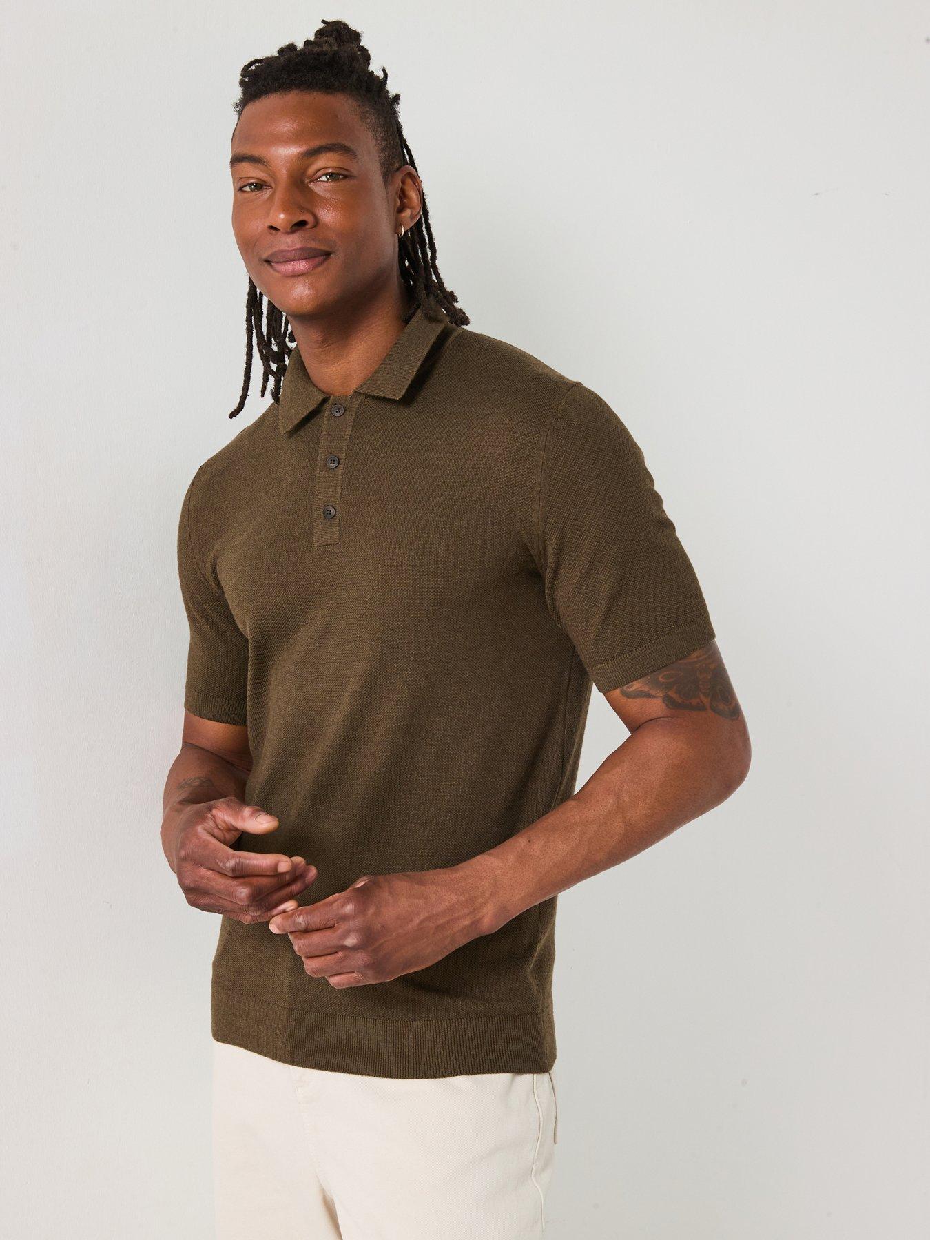 Mango Andrew Textured Short Sleeve Knitted Polo Shirt Brown Very