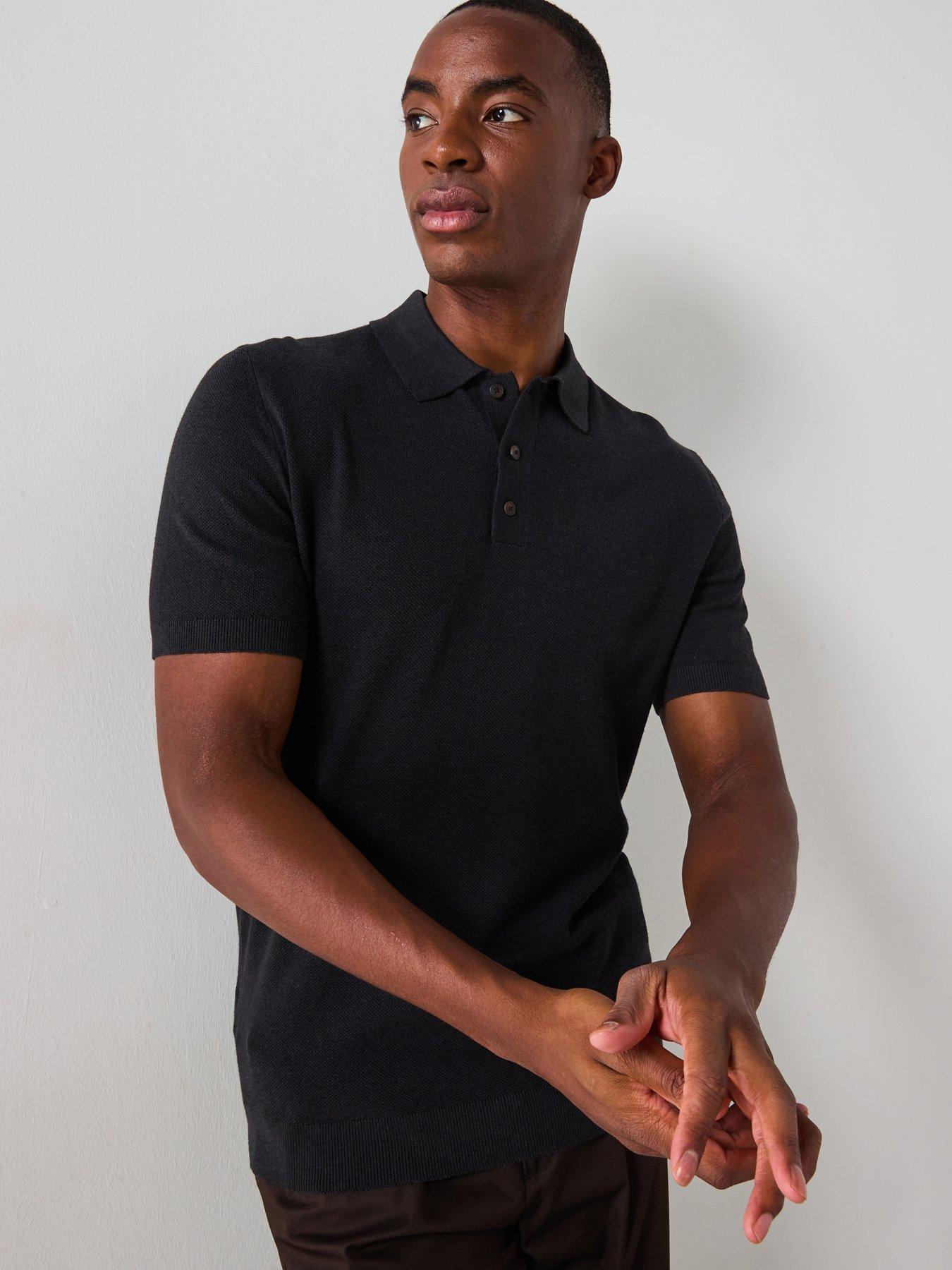 undefined Andrew Textured Short Sleeve Knitted Polo Shirt - Black
