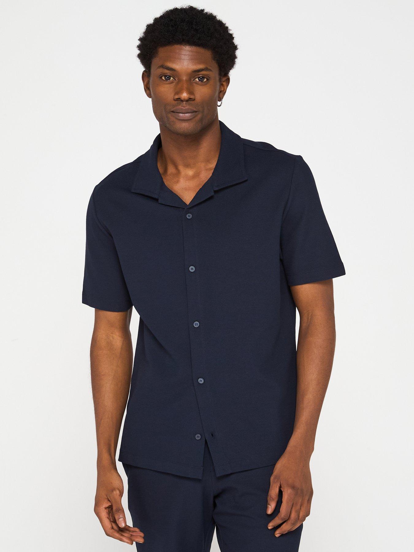 undefined Perec Casual Textured Button Through Jersey Shirt - Navy