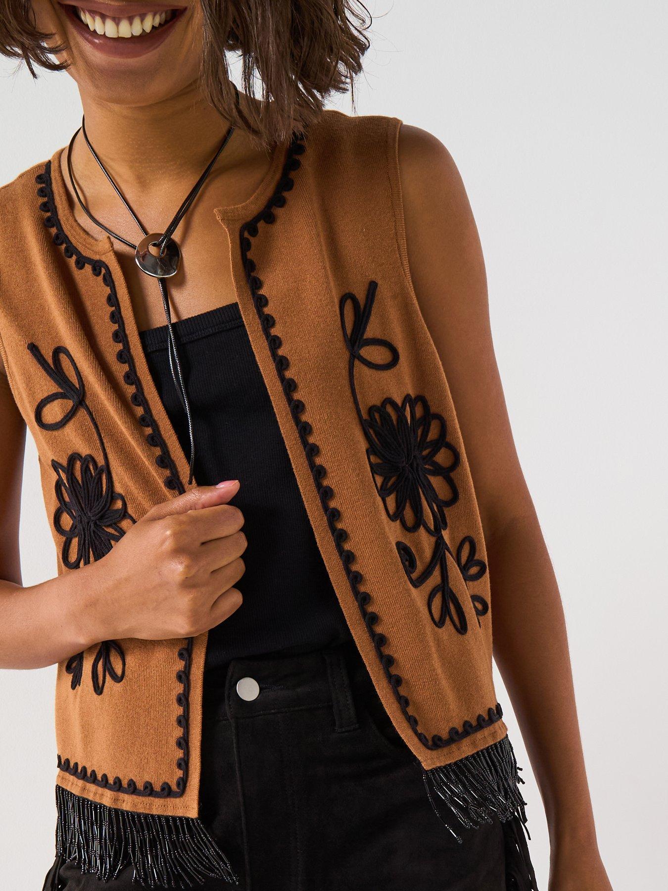 V by Very: Embroidered Bead Detail Knitted Sleeveless Waistcoat - Brown
