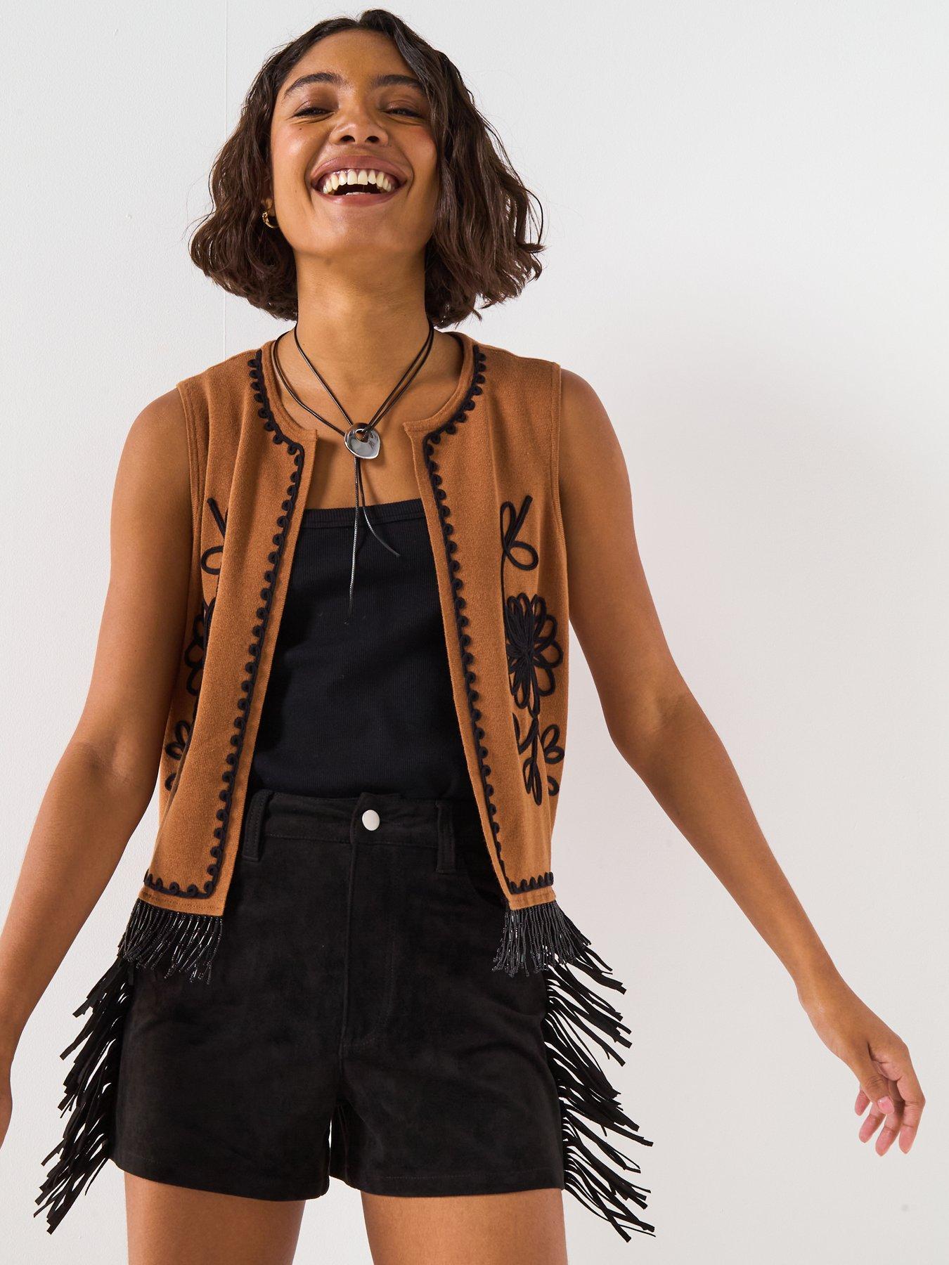 undefined Embroidered Bead Detail Sleeveless Waistcoat - Brown