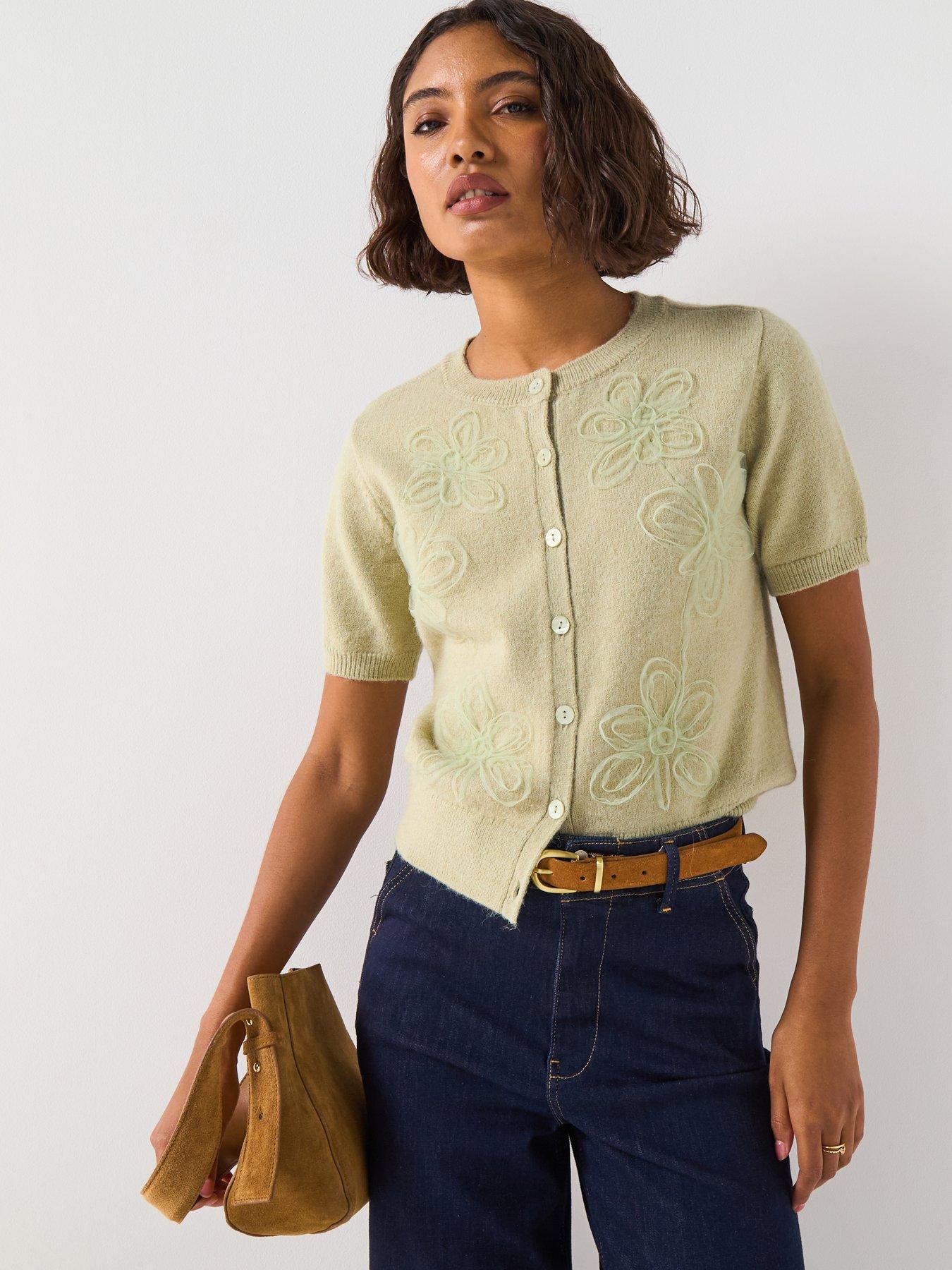Image 1 of 6 of V by Very Short Sleeve Flower Detail Knitted Cardigan - Green