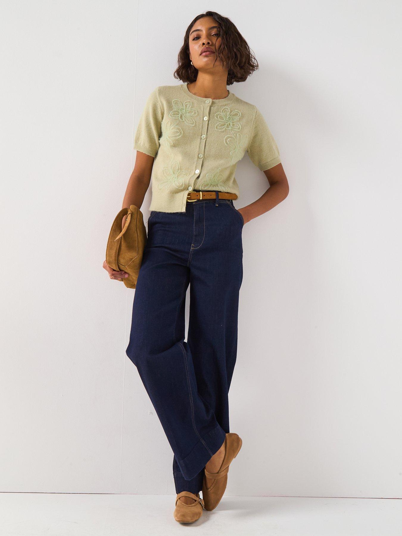 Image 3 of 6 of V by Very Short Sleeve Flower Detail Knitted Cardigan - Green