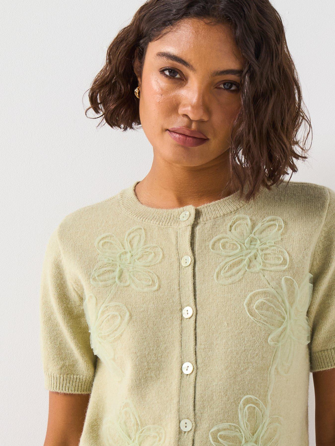 Image 4 of 6 of V by Very Short Sleeve Flower Detail Knitted Cardigan - Green