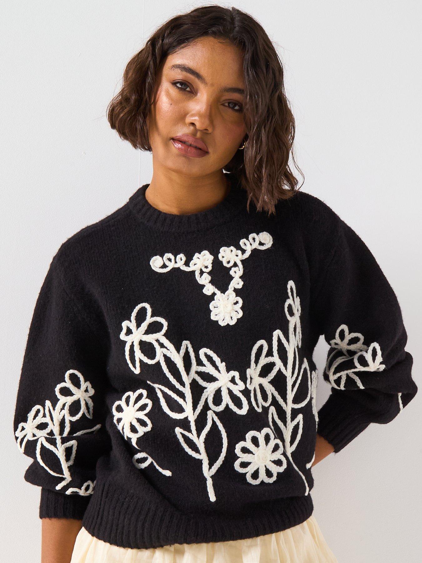 V by Very Flower Embroidered Jumper - Black