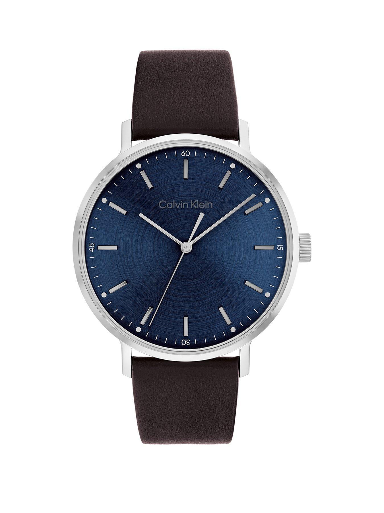 Product photograph of Calvin Klein Mens Sunray Dial Leather Strap Watch - Navy from very.co.uk