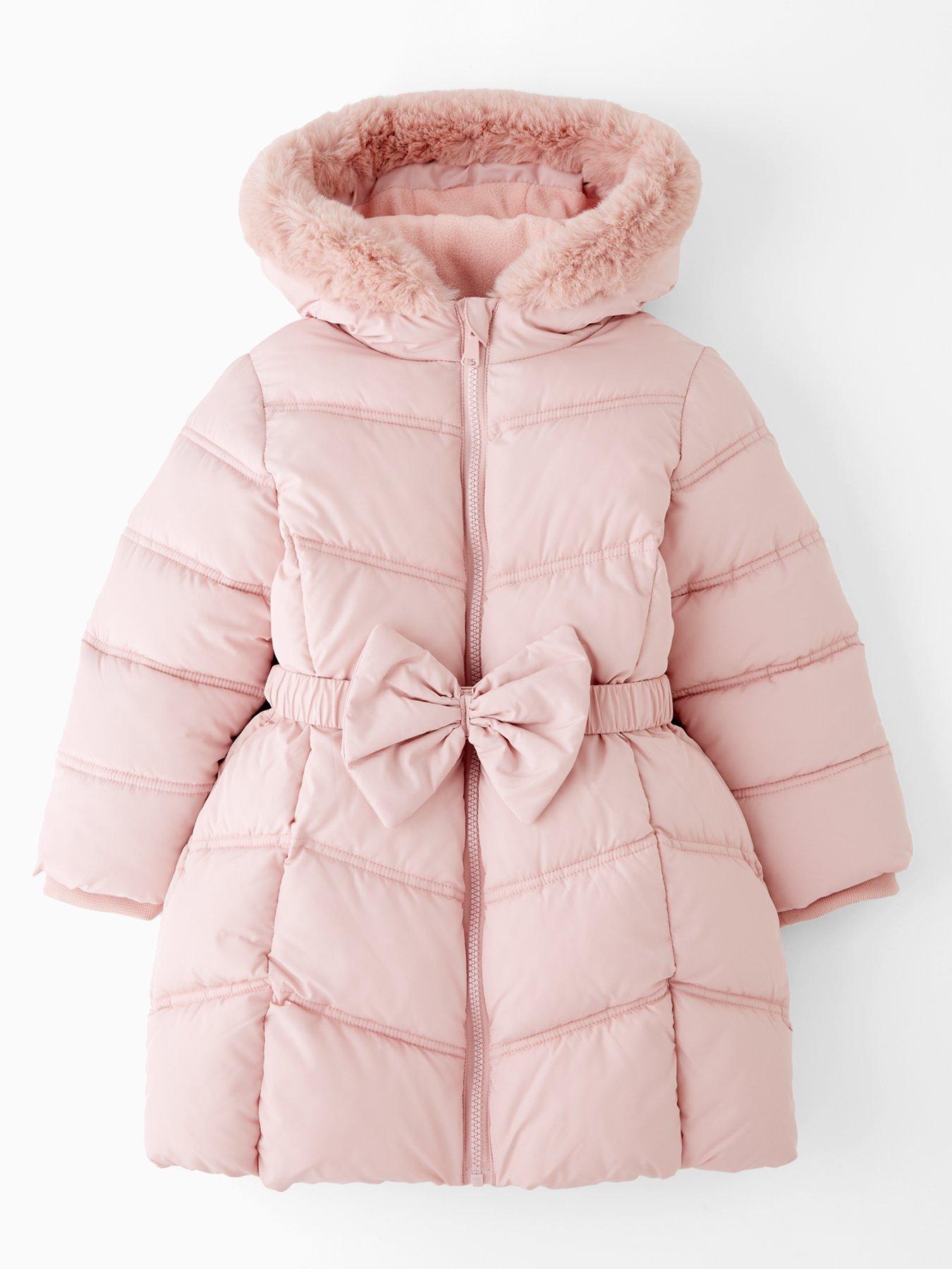 Mini V by Very Girls Pink Bow Waist Hooded Shower Resistant Padded Coat