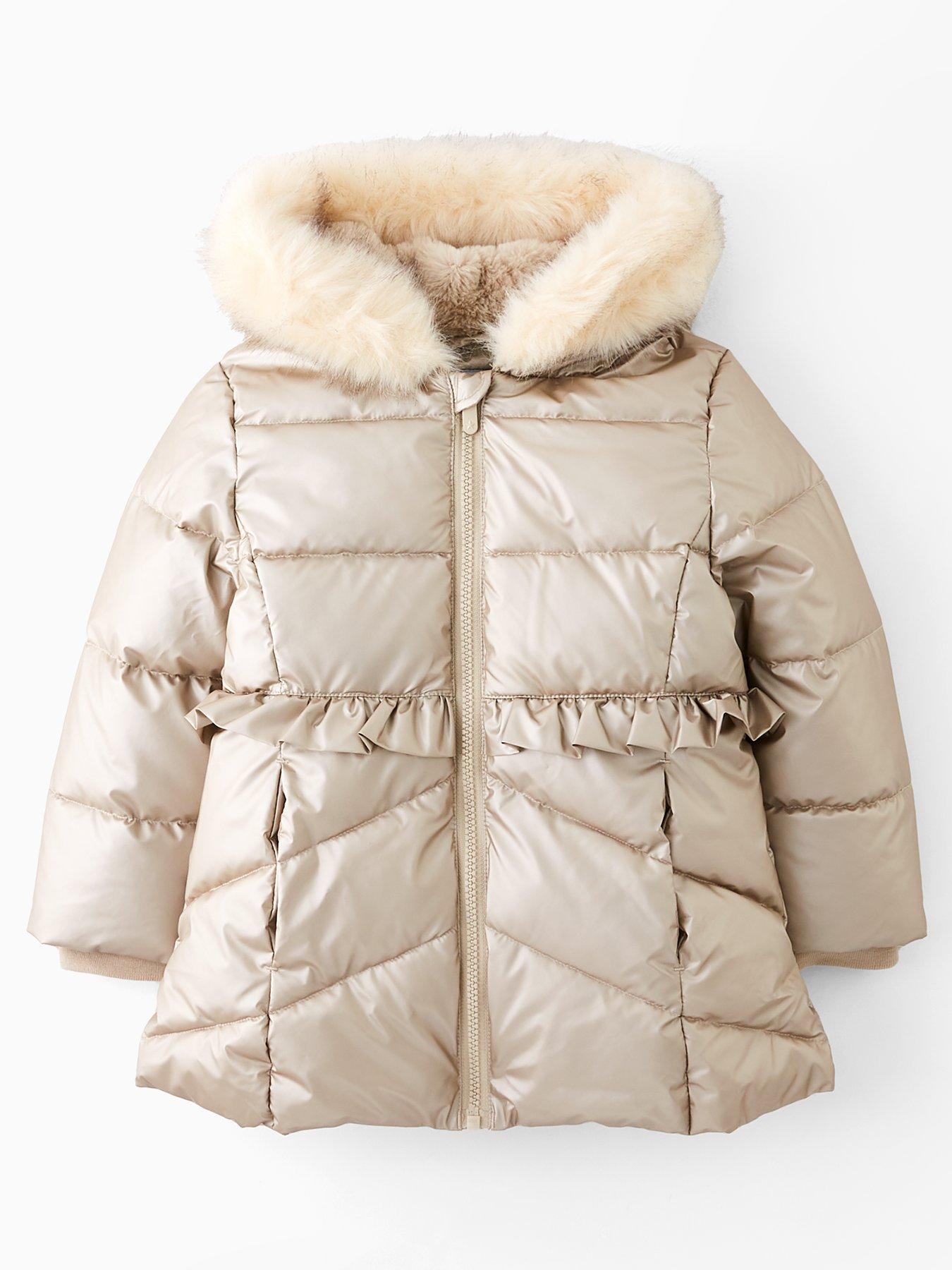 The Very Collection Girls Metallic Faux Fur Hooded Frill Waist Heavy Weight Coat - Metallic