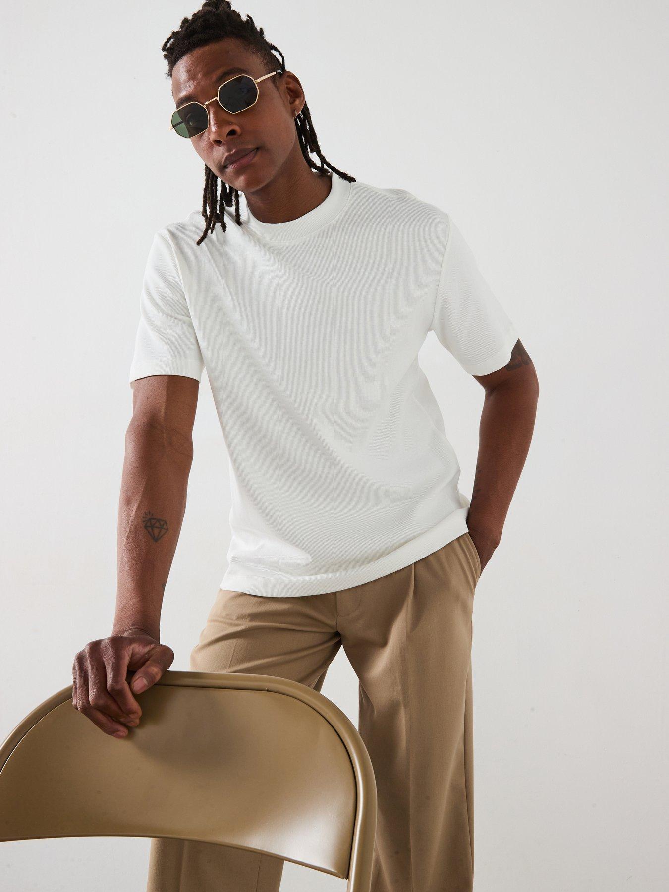 undefined Olive Smart Ribbed Heavyweight Short Sleeve Crew Neck T-Shirt - Beige