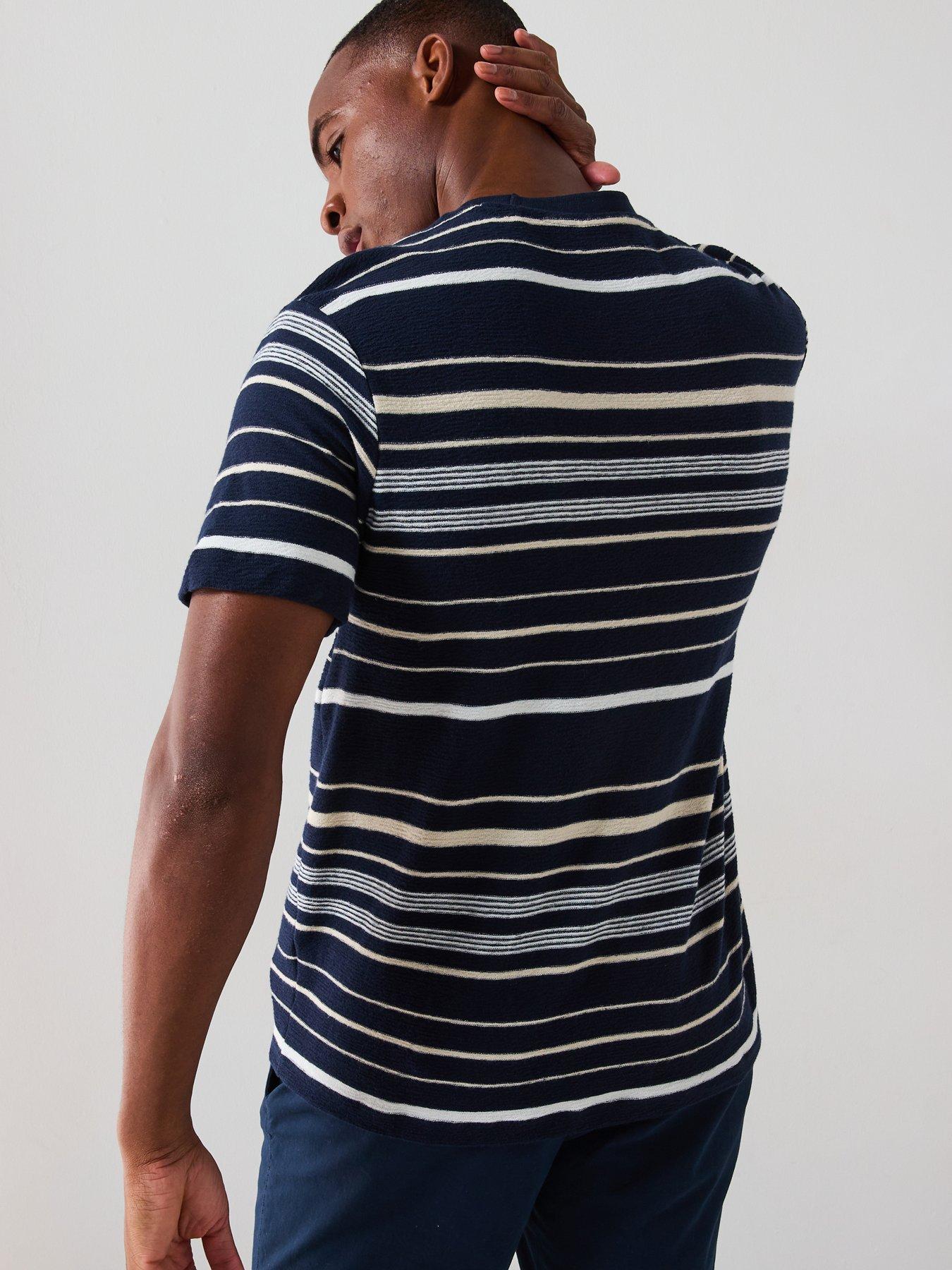 Men's Casual T-Shirt - Navy Color Block Striped Design, Loose Comfort Fit, Polyester Blend, Short Sleeve Round Neck-1052645