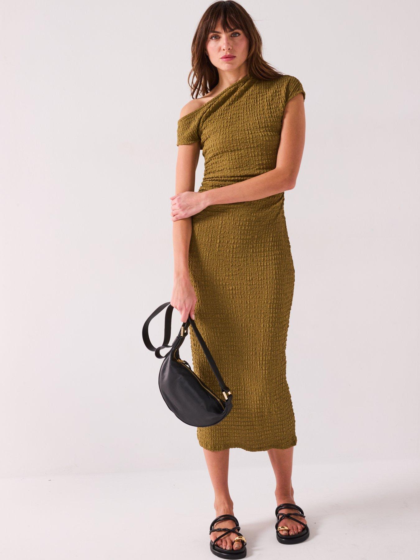 undefined Textured Ruched Midaxi Dress - Green