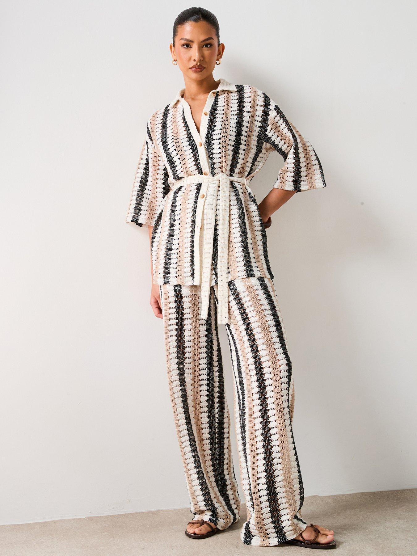 undefined Longline Stripe Wide Leg Co-ord Trousers - Cream/Stripe