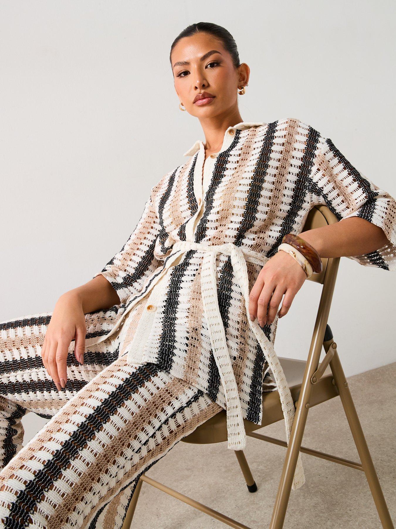 Image 6 of 6 of V by Very Longline Stripe Wide Leg Co-ord Trousers - Cream/Stripe