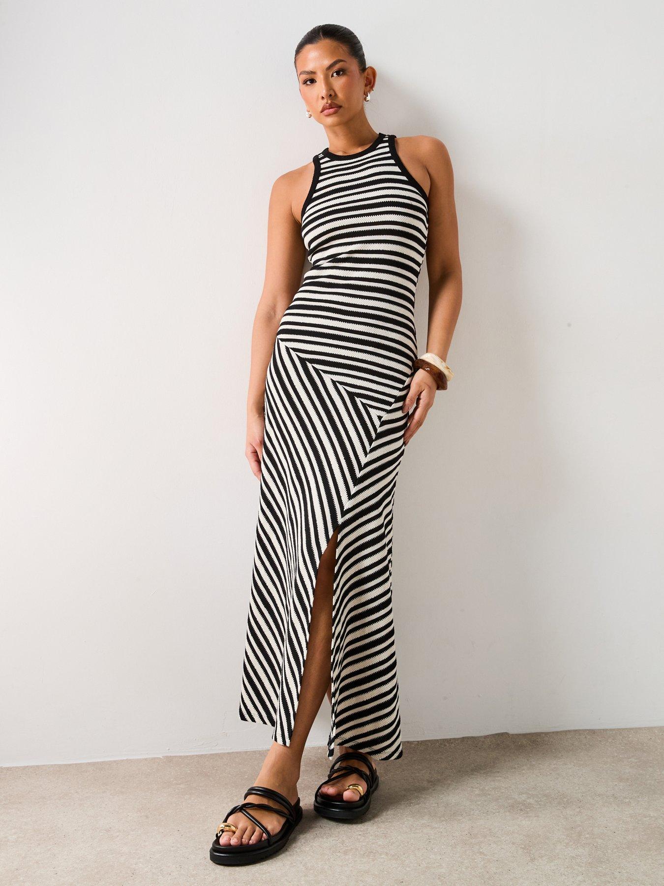undefined Stripe Asymmetric Waist Midaxi Dress - Black
