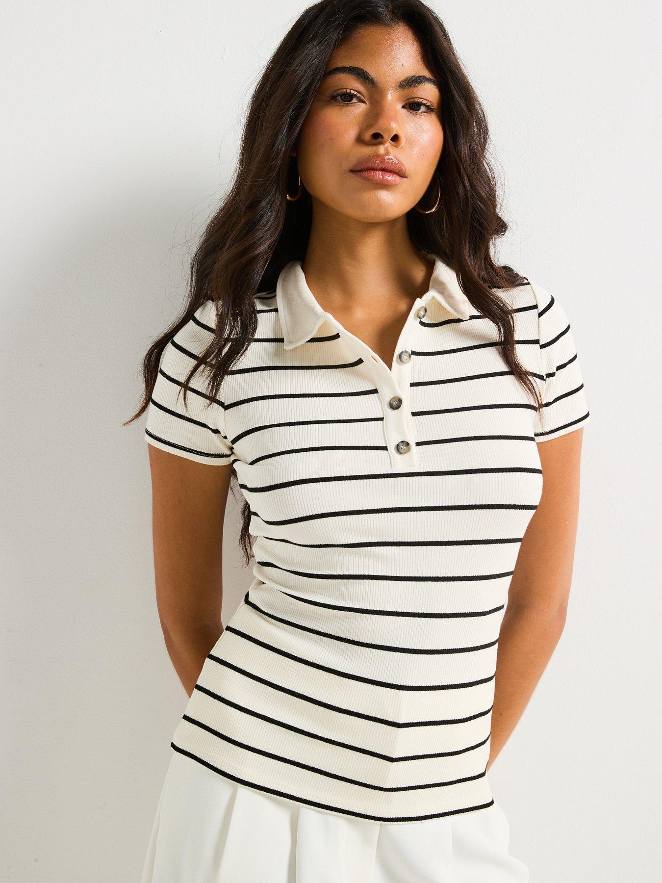 undefined Collar Detail Stripe Rib Top