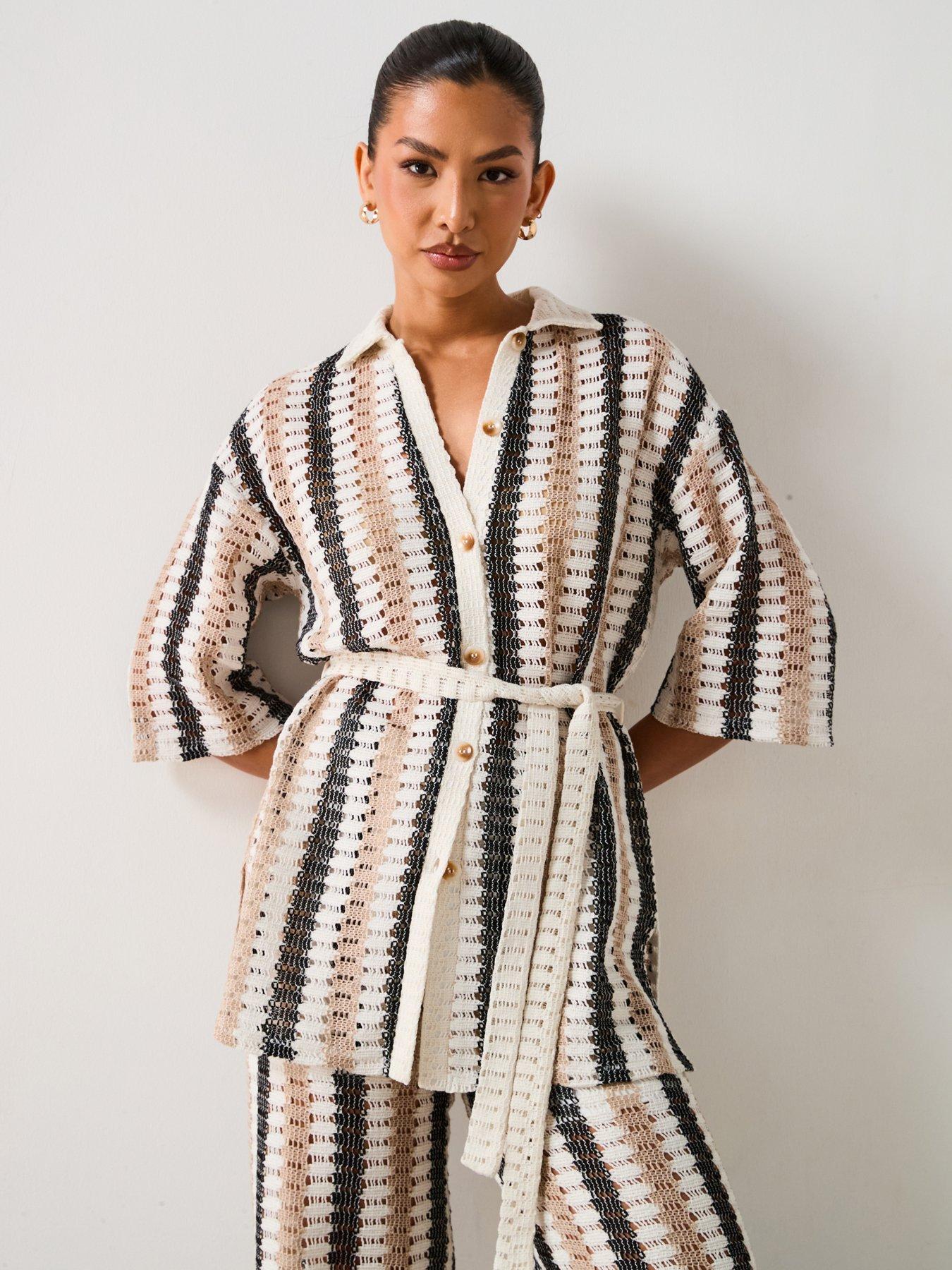undefined Longline Stripe Tie Waist Crochet Co-ord Shirt - Cream/Stripe