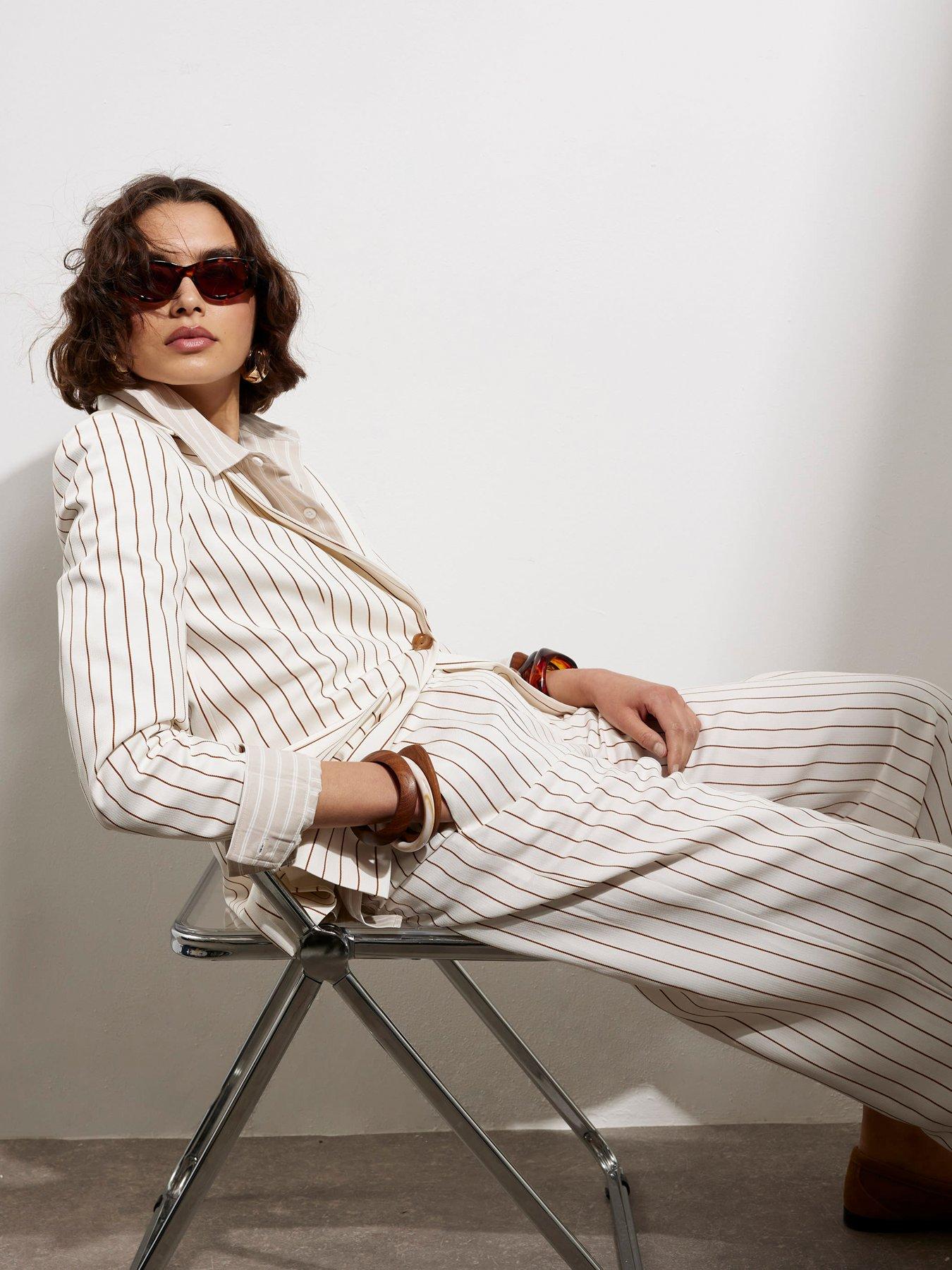 Image 2 of 4 of River Island Stripe Belted Wide Leg Trouser - White