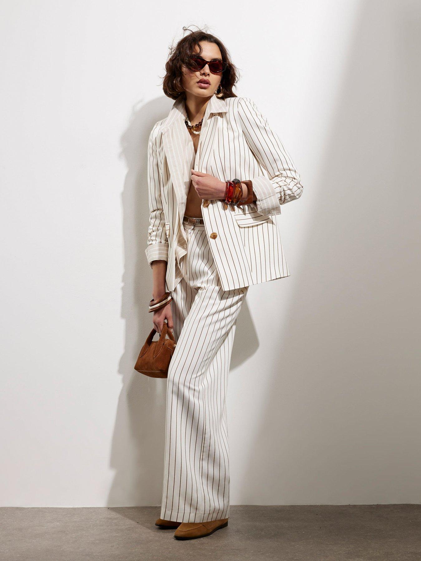 Image 3 of 4 of River Island Stripe Belted Wide Leg Trouser - White