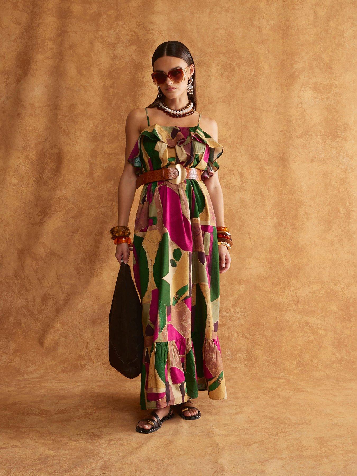 undefined A Line Ruffle Maxi Dress - Purple