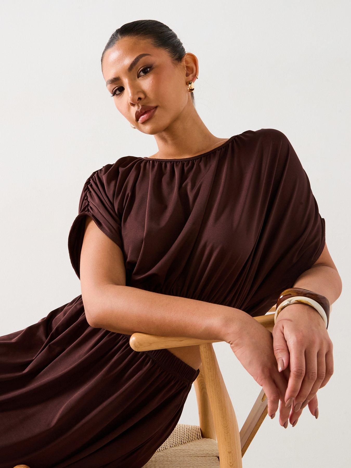 undefined Ruched Detail Bubble Hem Co-Ord Top - Brown