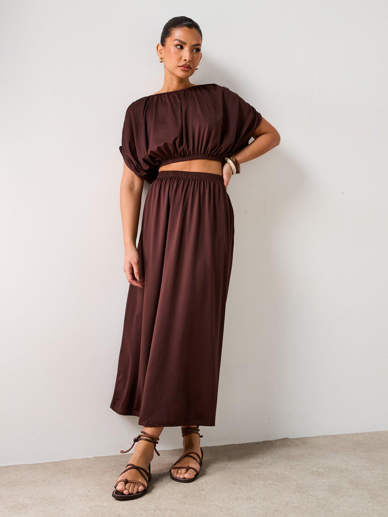 Image 3 of 6 of V by Very Ruched Detail Bubble Hem Co-Ord Top - Brown