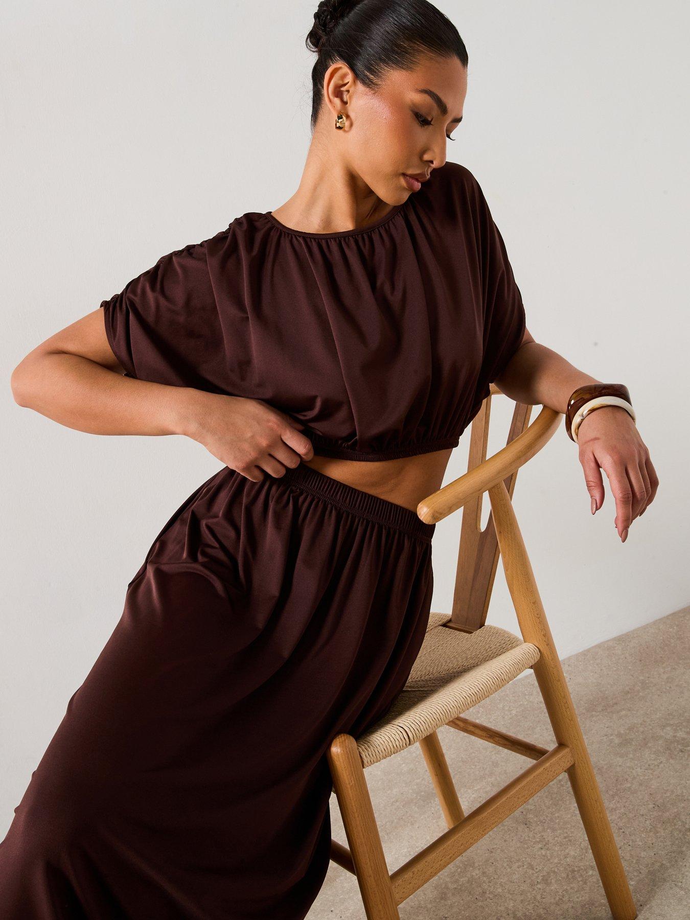 Image 5 of 6 of V by Very Ruched Detail Bubble Hem Co-Ord Top - Brown