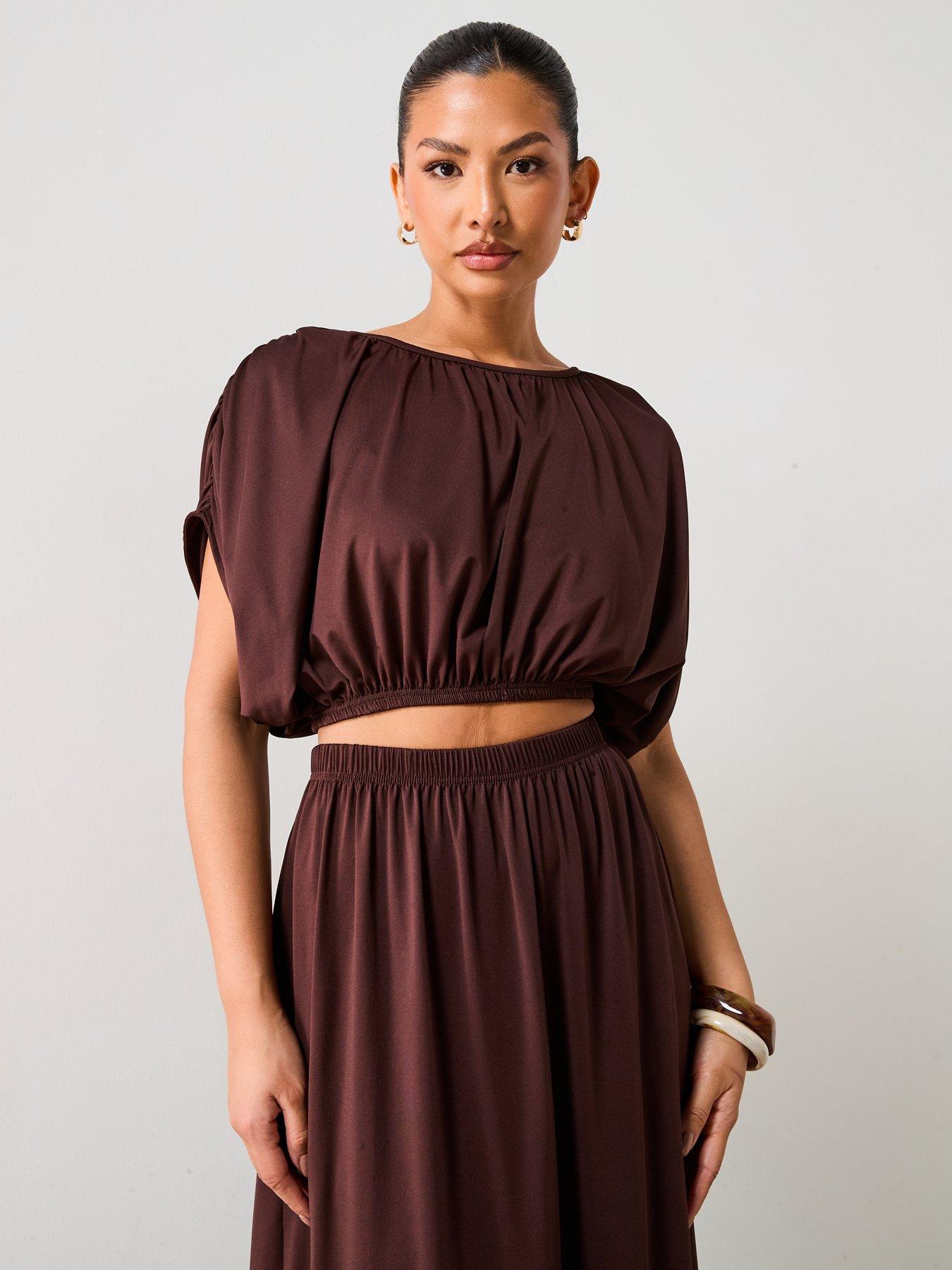 Image 6 of 6 of V by Very Ruched Detail Bubble Hem Co-Ord Top - Brown