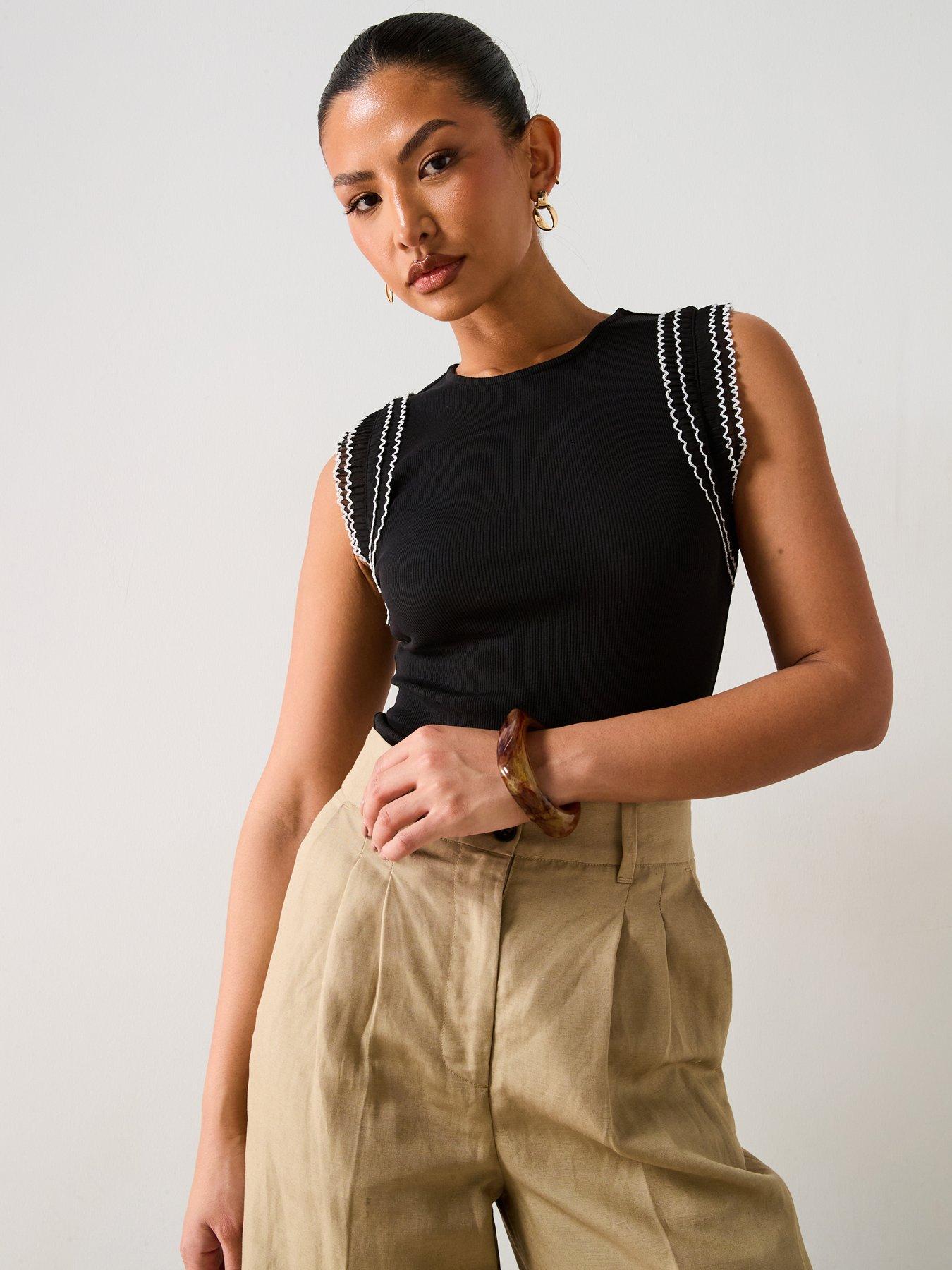 V by Very Frill Sleeve Rib Vest - Black