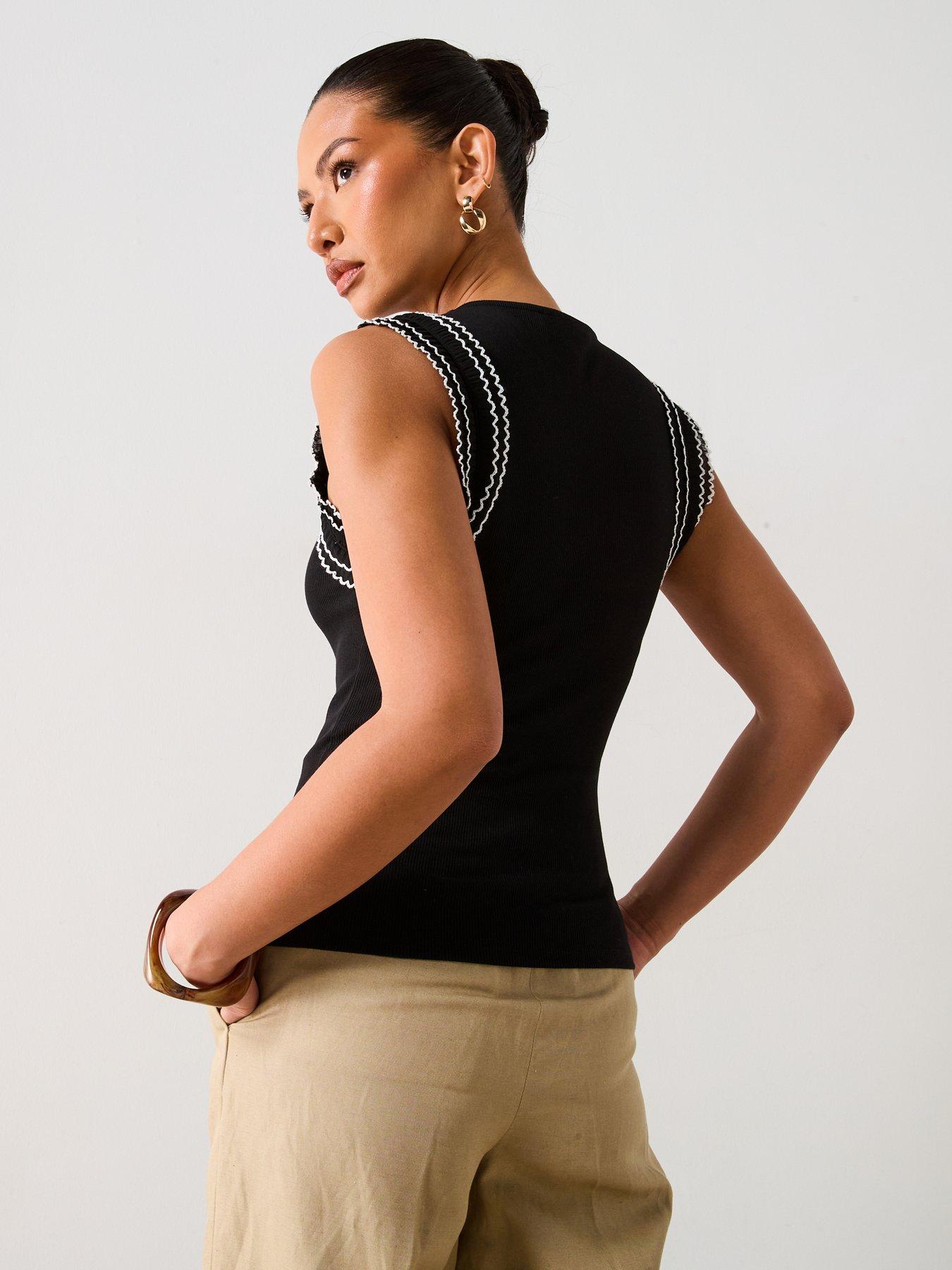 V by Very Frill Sleeve Rib Vest - Black | Very