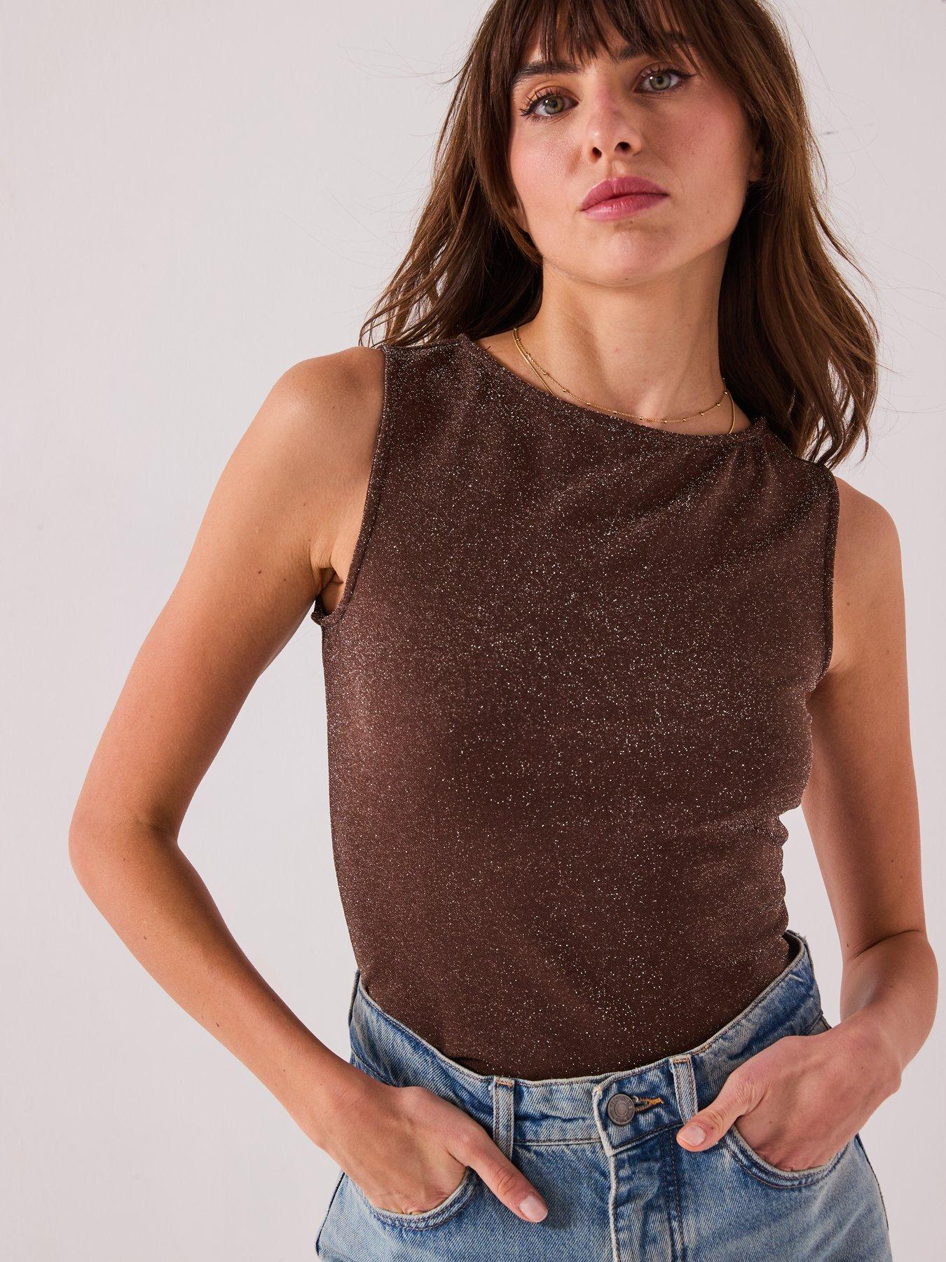 undefined Slash Neck Lurex Vest - Brown