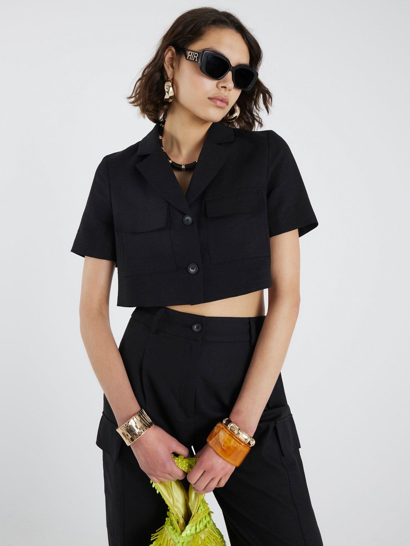 undefined Cropped Pocket Detail Linen Jacket - Black