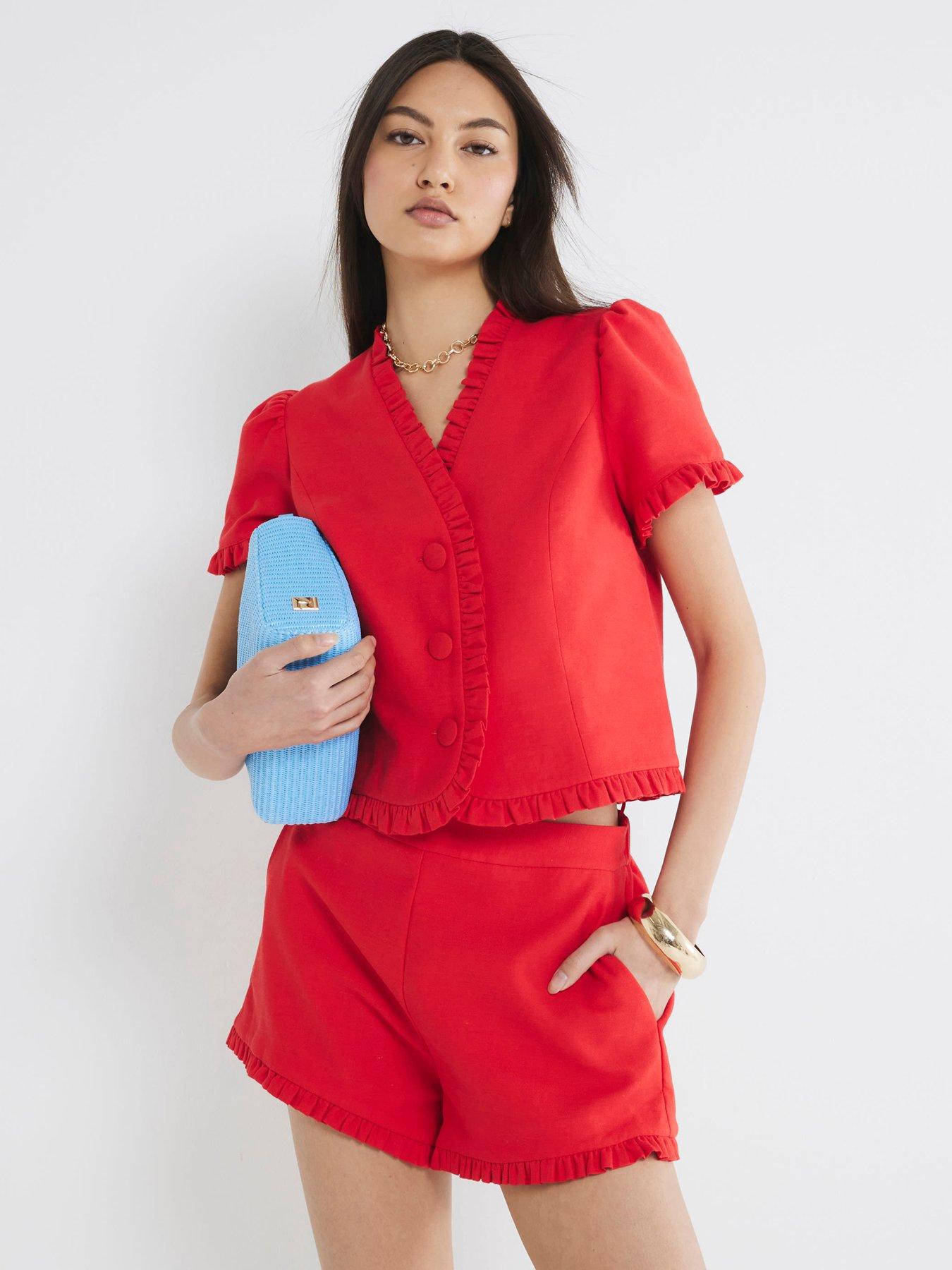 undefined Frill Linen Tailored Top - Red