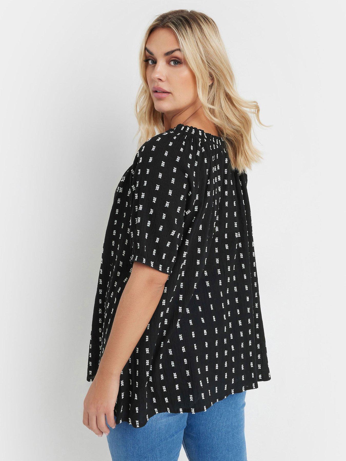 Image 2 of 4 of Yours Swiss Dot Short Sleeve Boho Top - Black