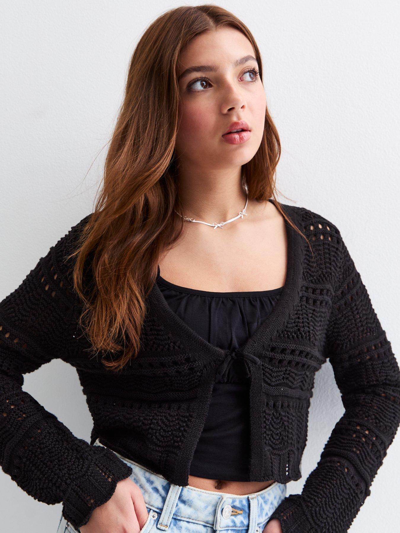 New Look 915 Girls Black Tie Front Crochet Cardigan Very