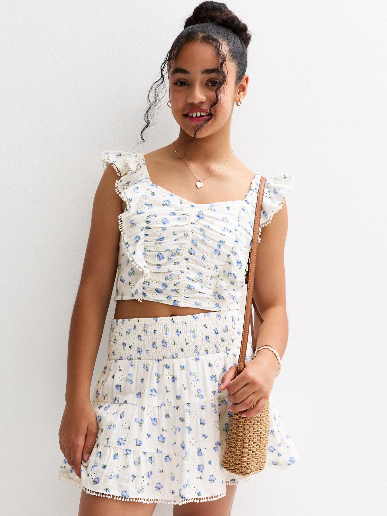 undefined Girls Ditsy Print Broderie Embroidered Flutter Sleeve Top - White