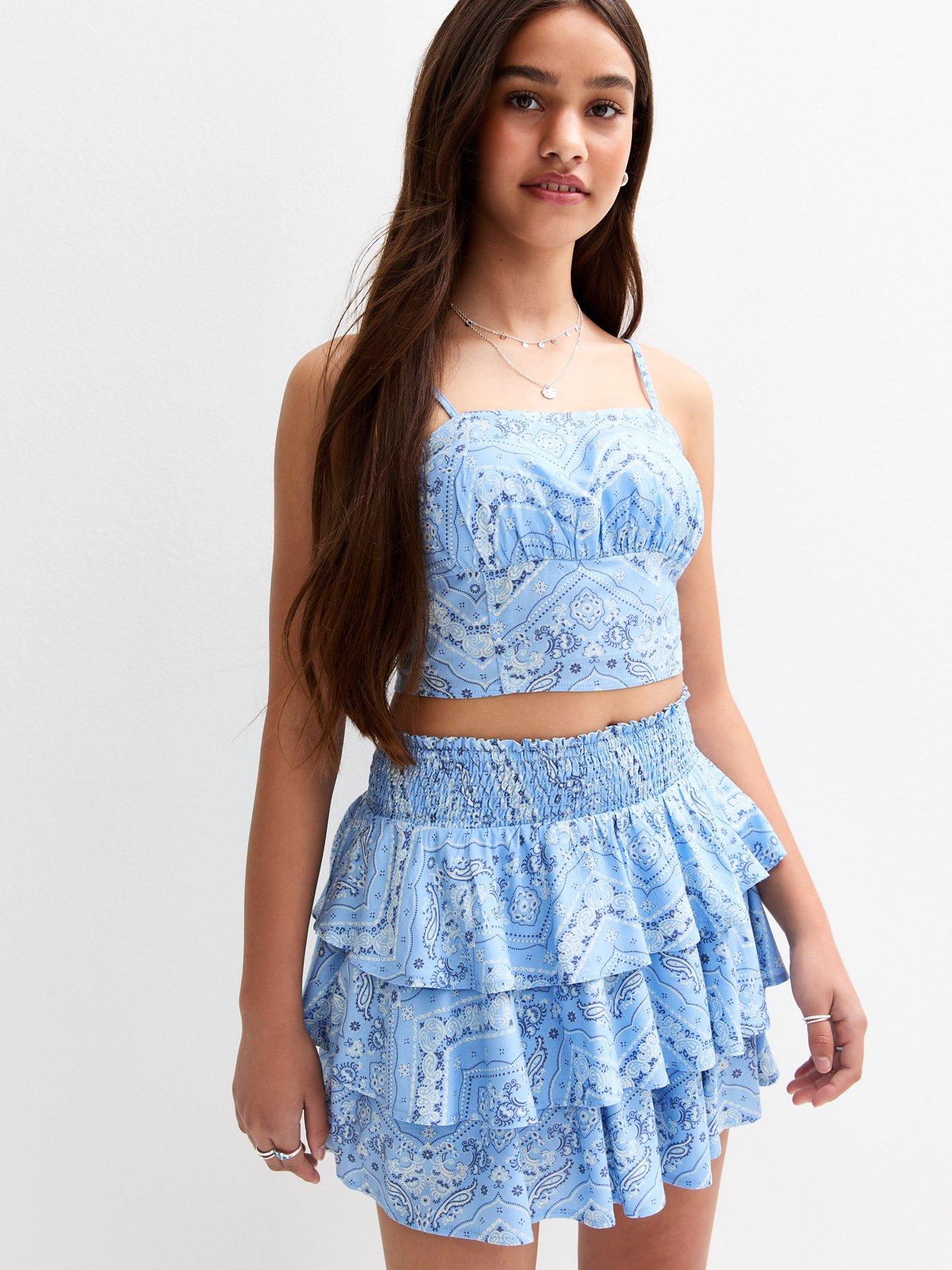 undefined Girls Blue Folk Print Tiered Rara Skort