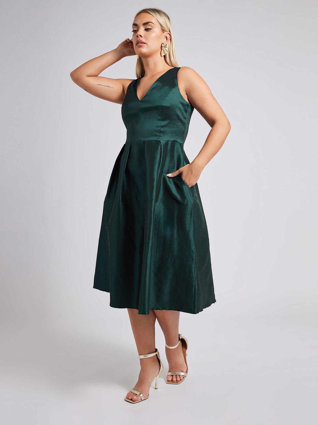 undefined V Neck Pleated Pocket Dress - Emerald Green
