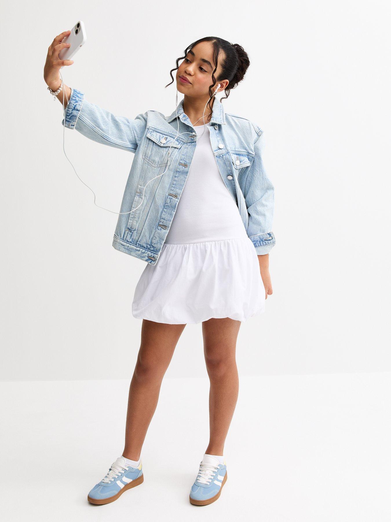 New Look 915 Girls Puff Ball Racerback Ribbed Mini Dress White