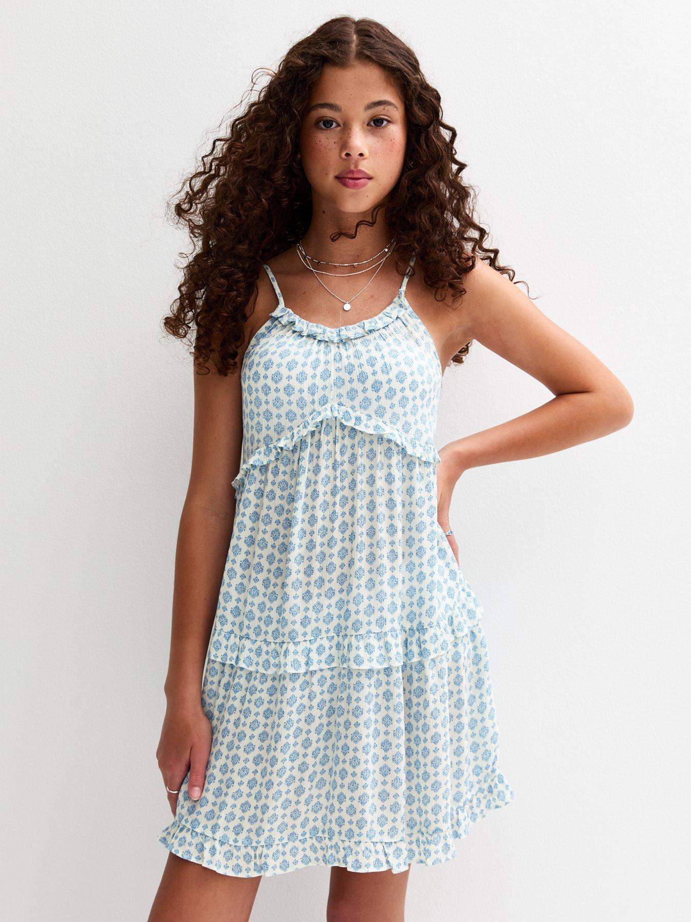 Image 2 of 4 of New Look 915 Girls Patterned Ruffle Trim Babydoll Dress - Blue