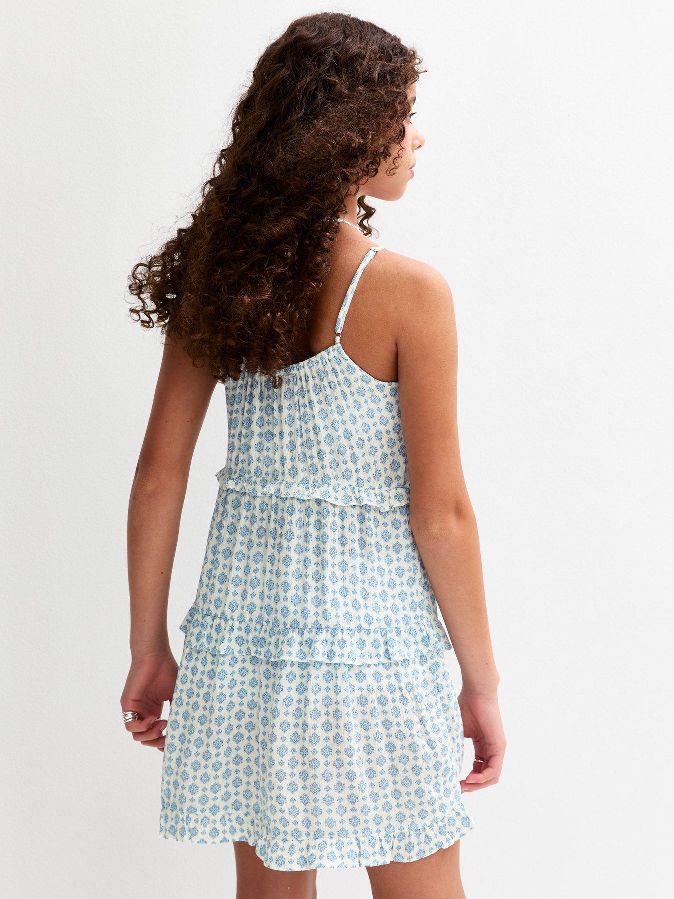 Image 3 of 4 of New Look 915 Girls Patterned Ruffle Trim Babydoll Dress - Blue