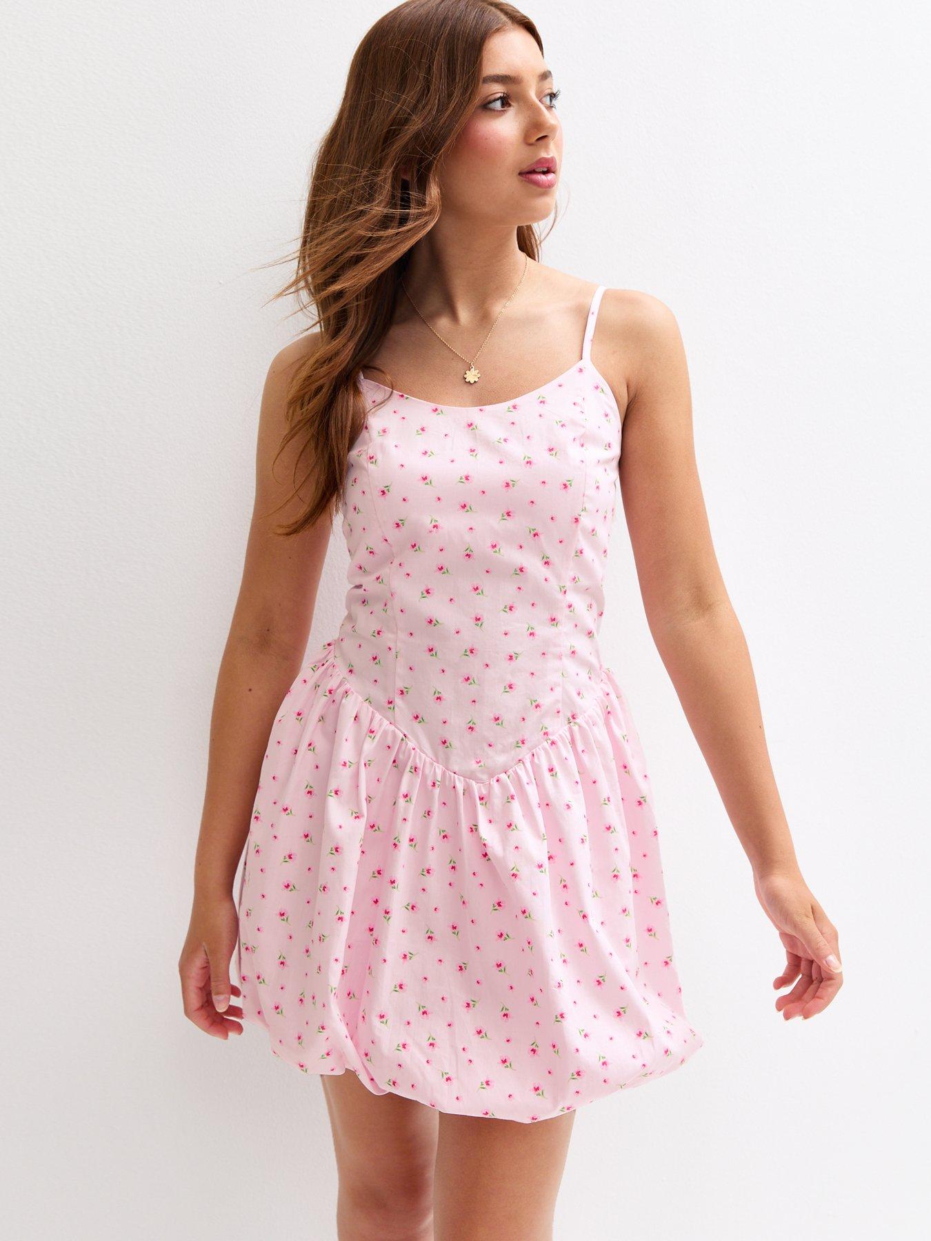 undefined Girls Floral Print Puffball Dress - Pink