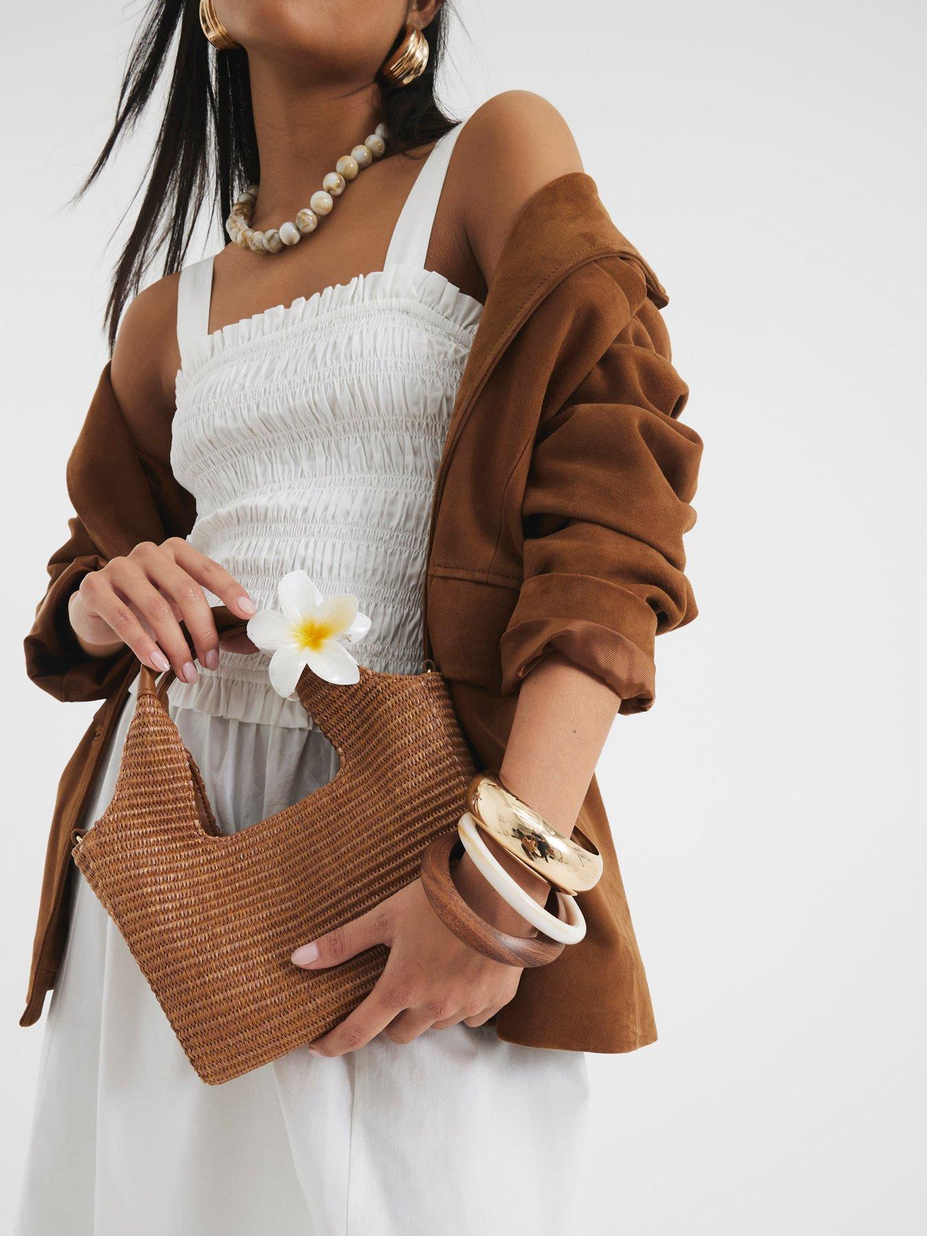 undefined Small Raffia Charm Tote - Brown