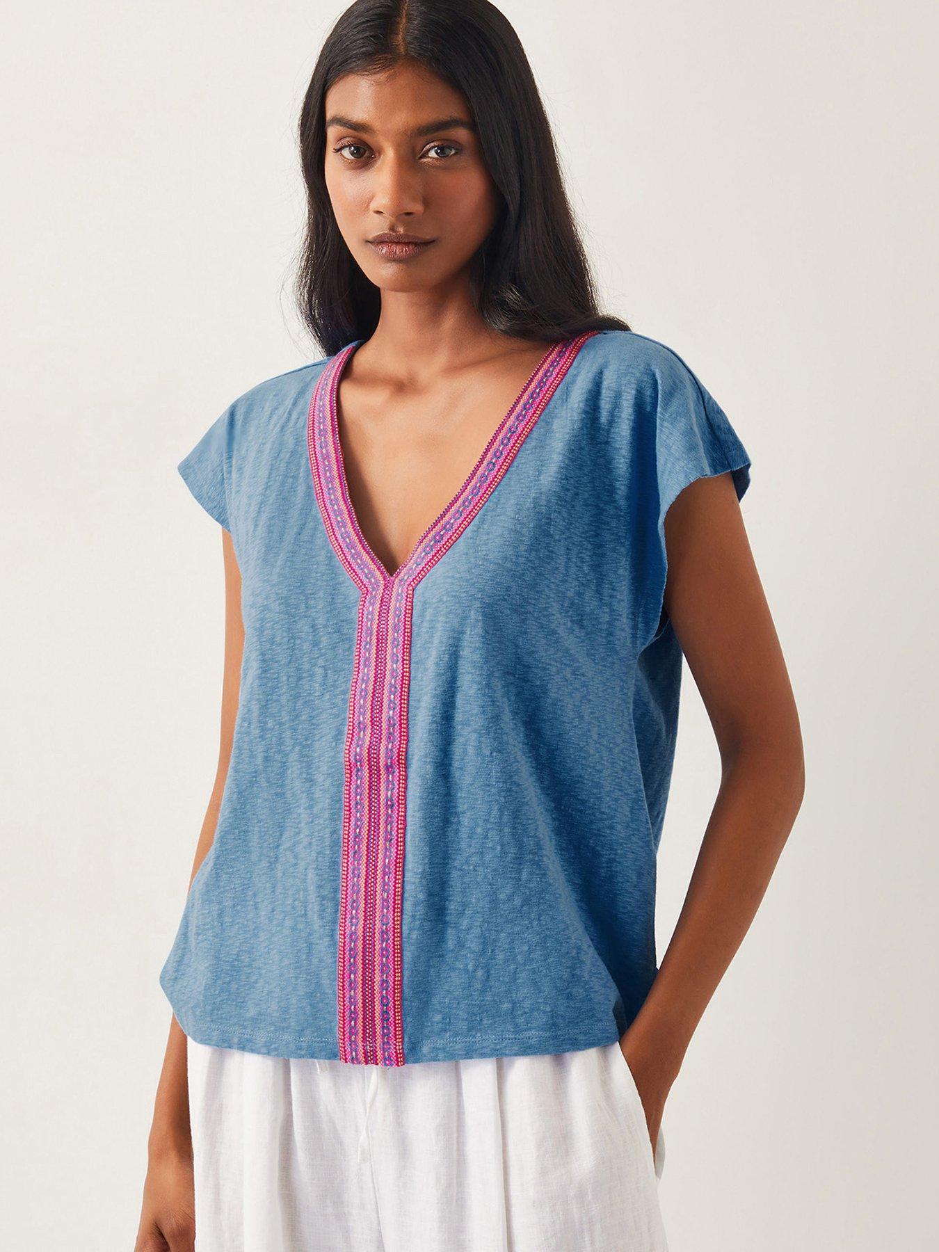 undefined Elena Embroidered V-neck Jersey T-shirt - Blue