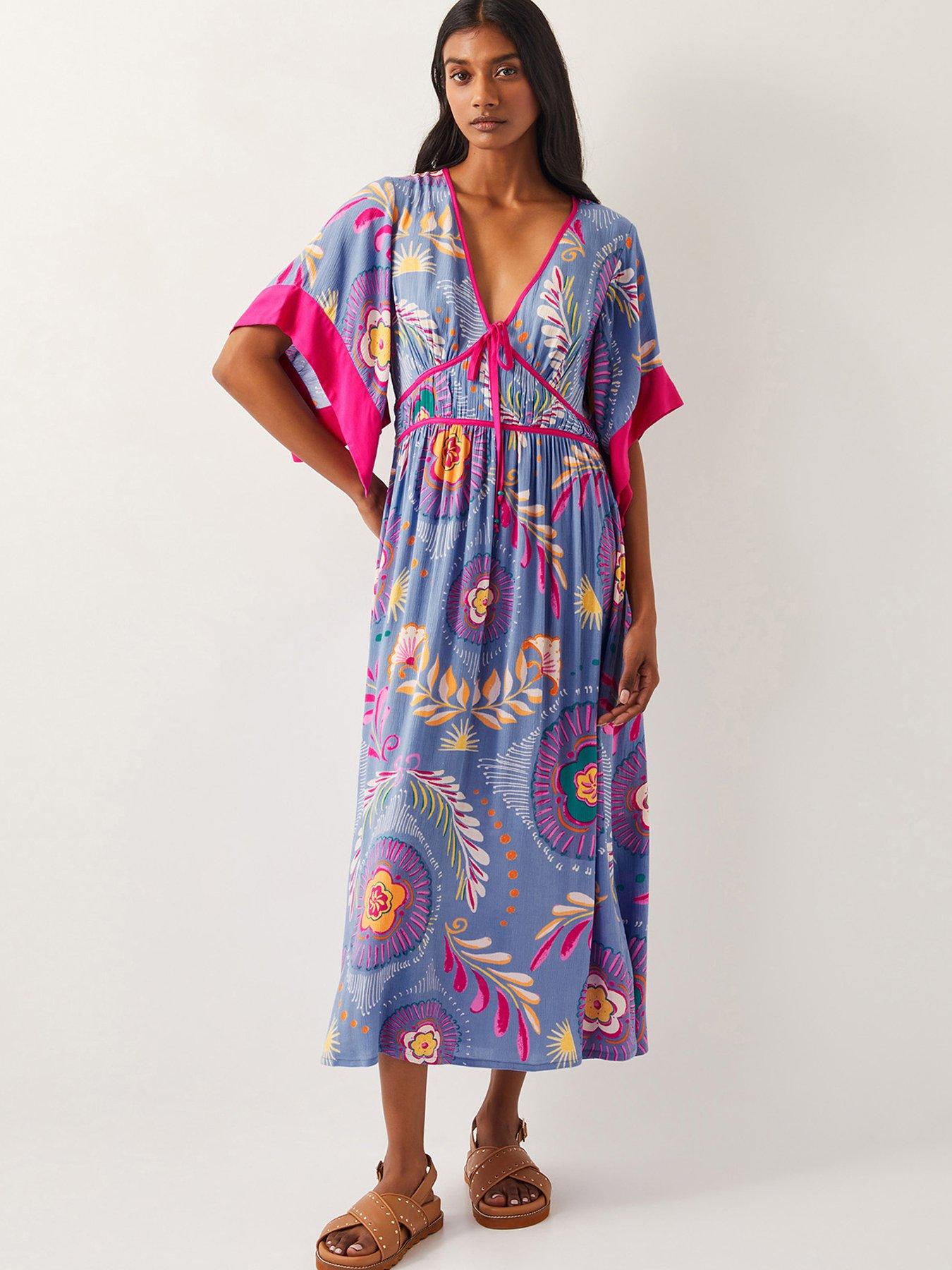 undefined Monika Short Sleeve Floral Print Midi Dress - Blue